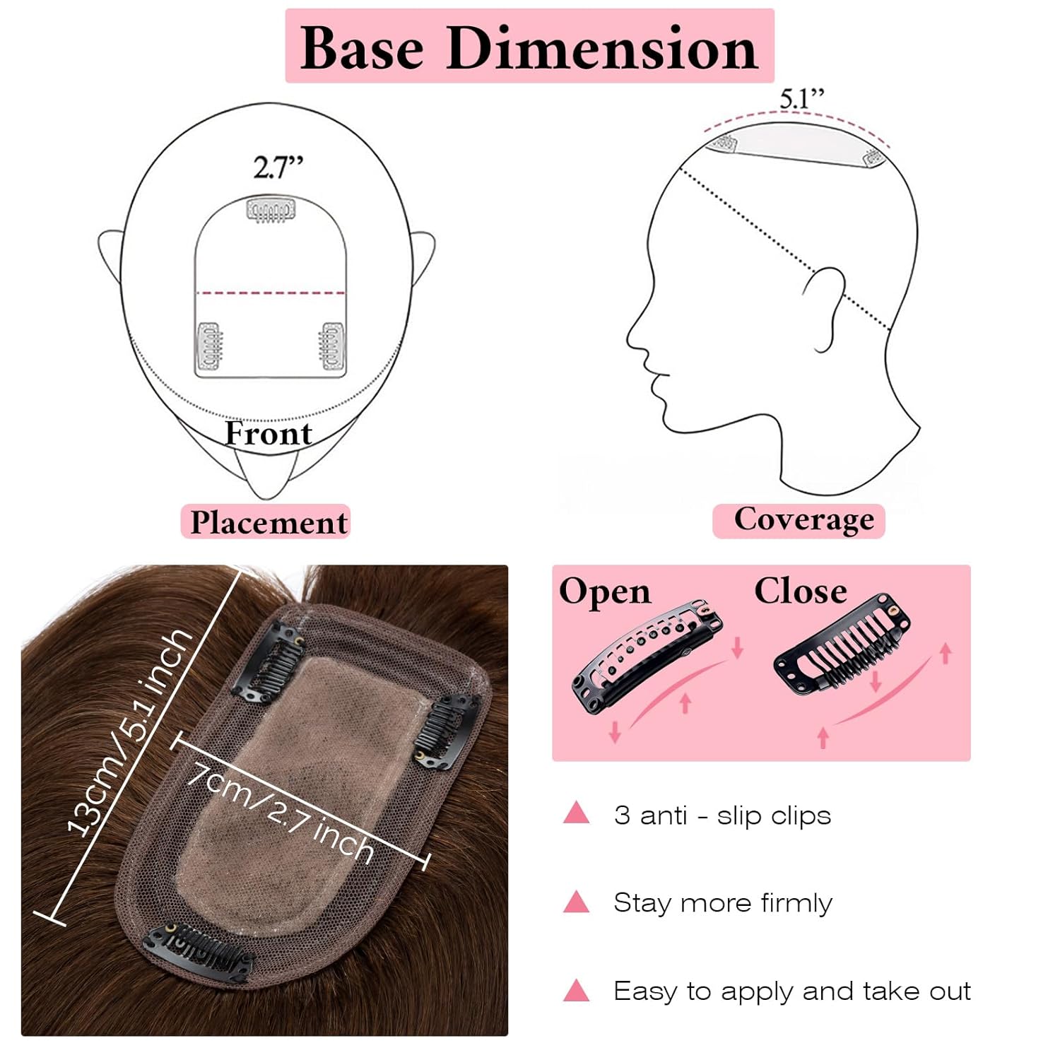 SEGO 100% Real Human Hair Toppers, with Air Bangs, Silk Base 150% Density, Clip in Topper, 2.7”x5.1”, HairPieces for Women, with Thinning/Hair Loss Cover Gray