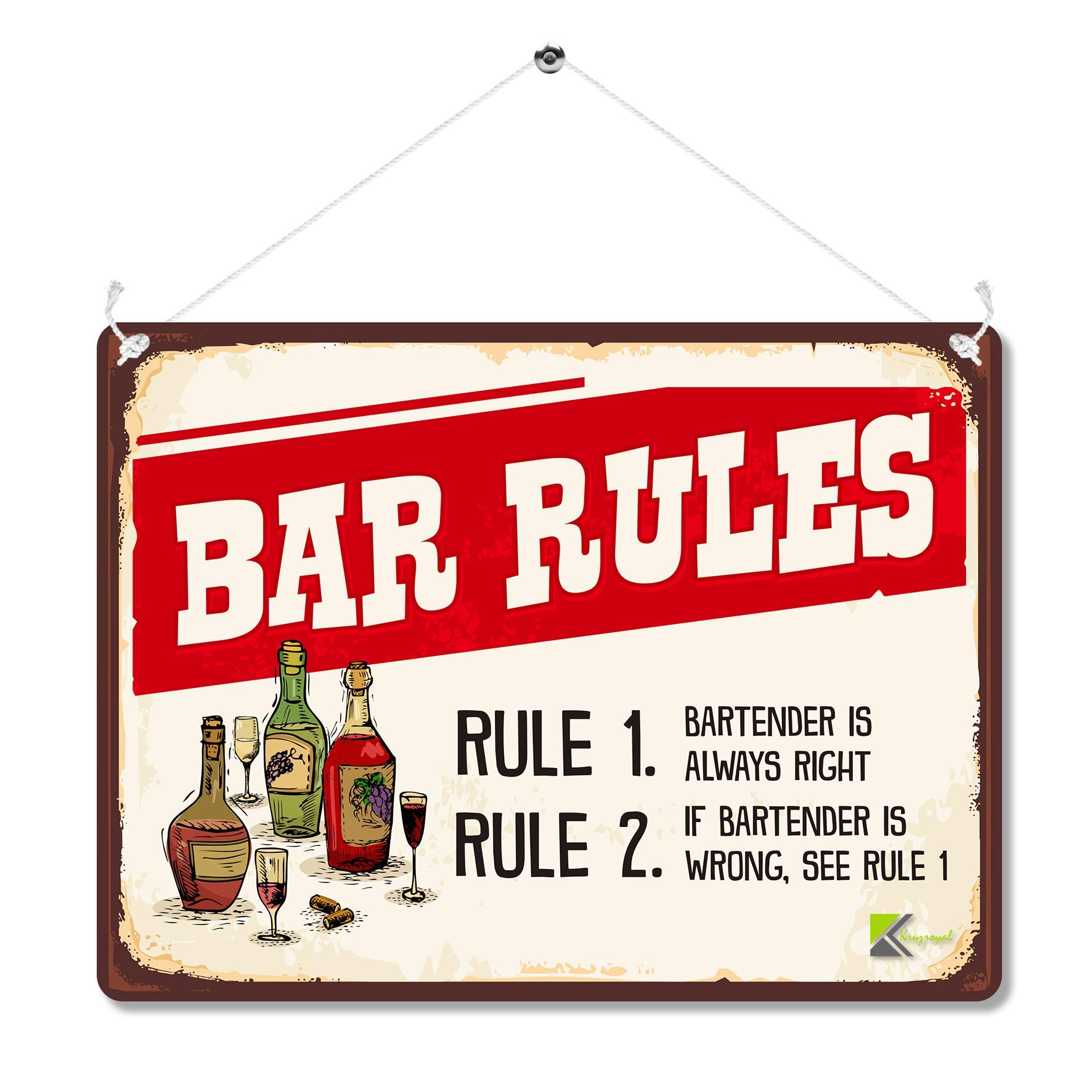 Kruzroyal Funny Bar Rules Metal Wall Sign, Bartender Is Always Right Novelty Plaque Gift, Humorous Retro Vintage Tin Decor for Home Pub or Man Cave, 20x15cm with Hanging String & Holes