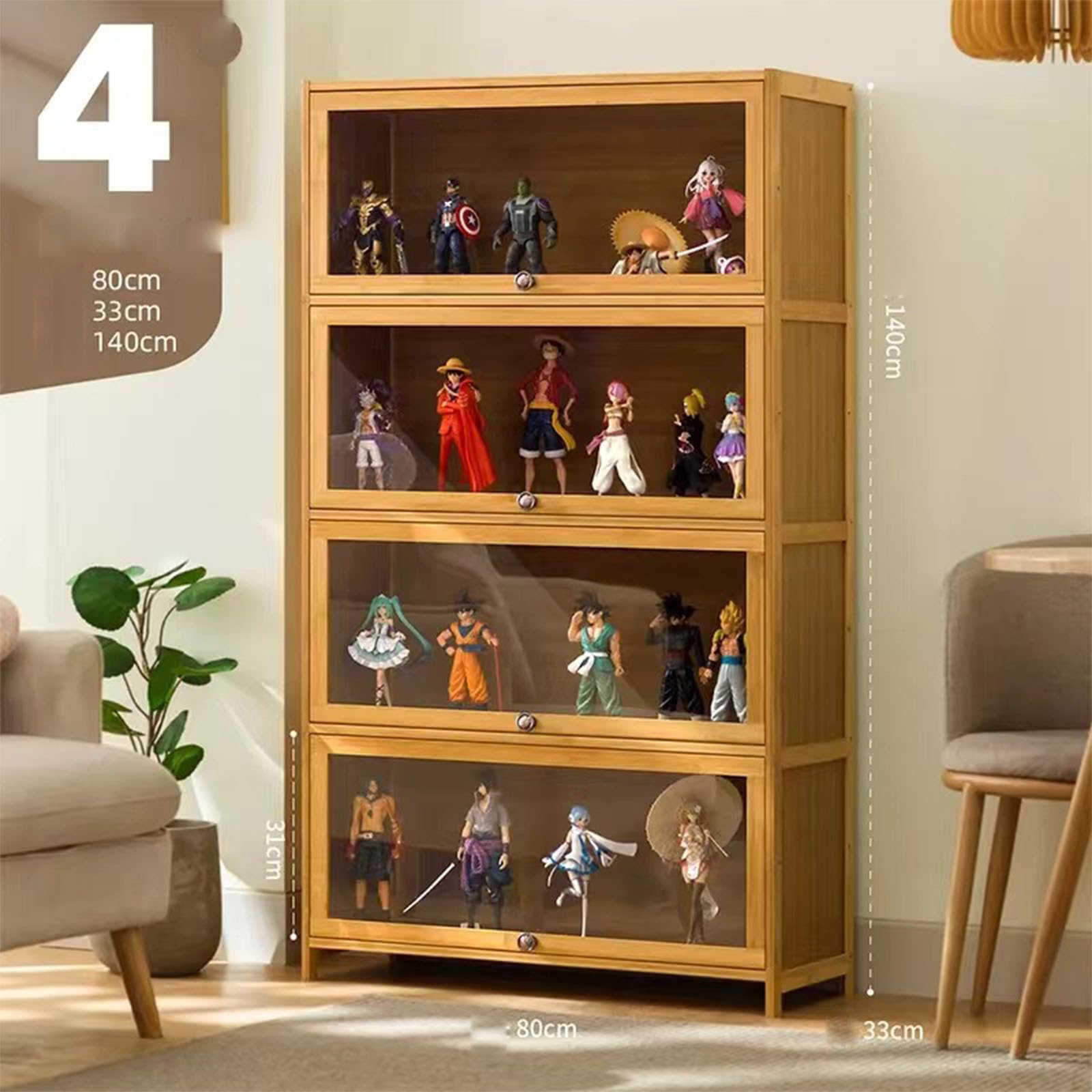 Sammlung Vitrine, natürlicher Bambus Rahmen, Acryl Sammlung Vitrine, staubdicht, passend für Haus und Büro Gebrauch (4-floors-80cm, Wood Color)