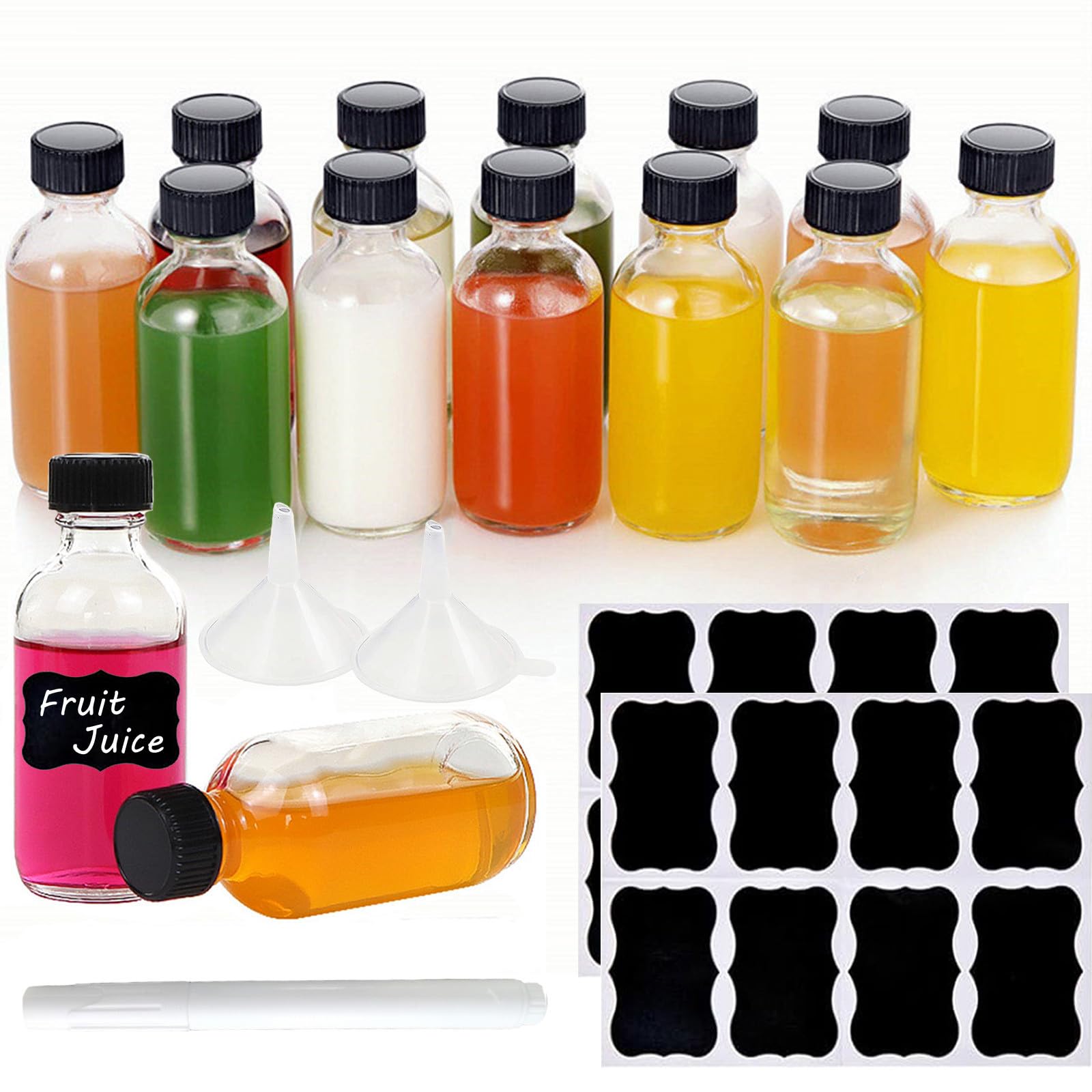YankMooM 12 Pack Clear Glass Bottles with Lids,2oz/60ml Small Glass Ginger Shot Bottles Mini Juice Bottles Boston Round Bottles with A Pen and Stickers for Ginger,Juice,Essential Oil