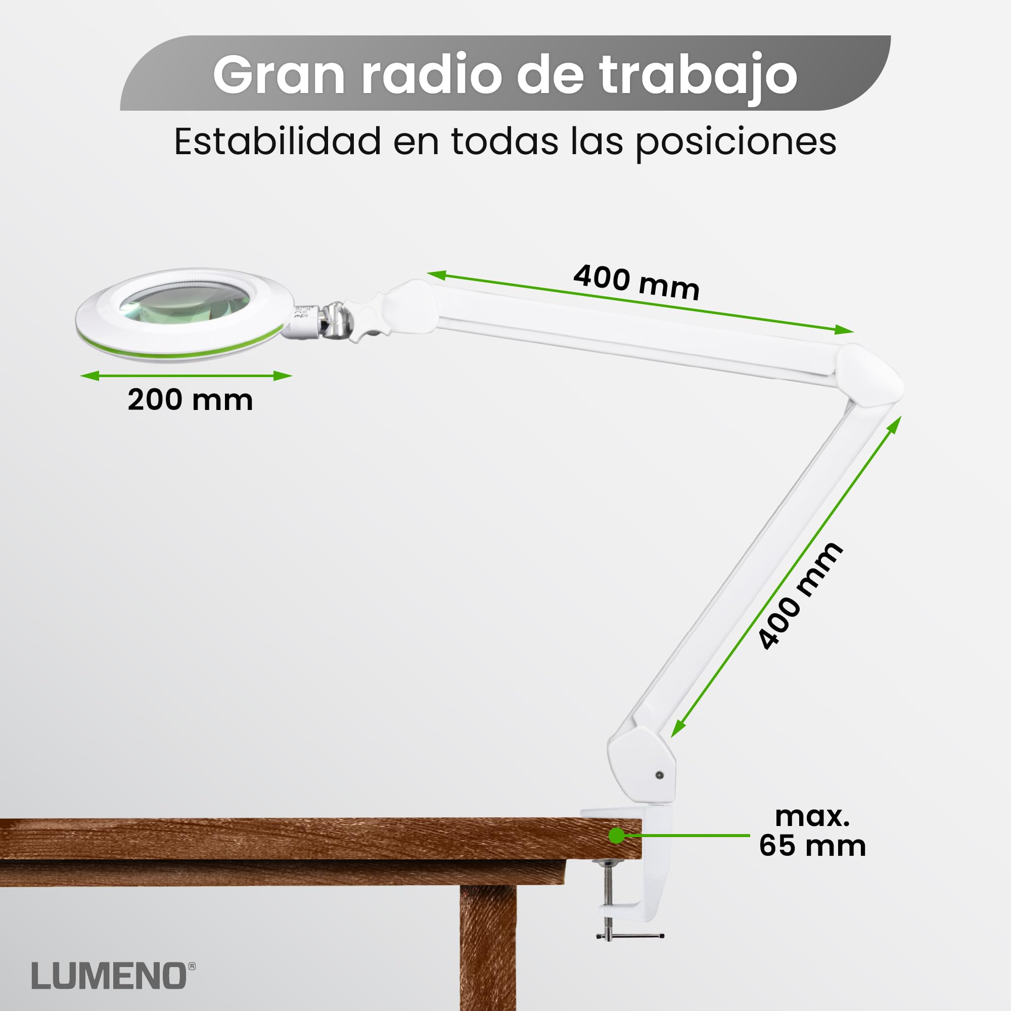 Lámpara de Aumento Lumeno Lambda M, Regulable con Lente de Cristal Transparente de 127 mm, Ideal para Salones de Belleza, consultas médicas, Aficionados, ayudas a la Lectura y más. Verde 3 dioptrías