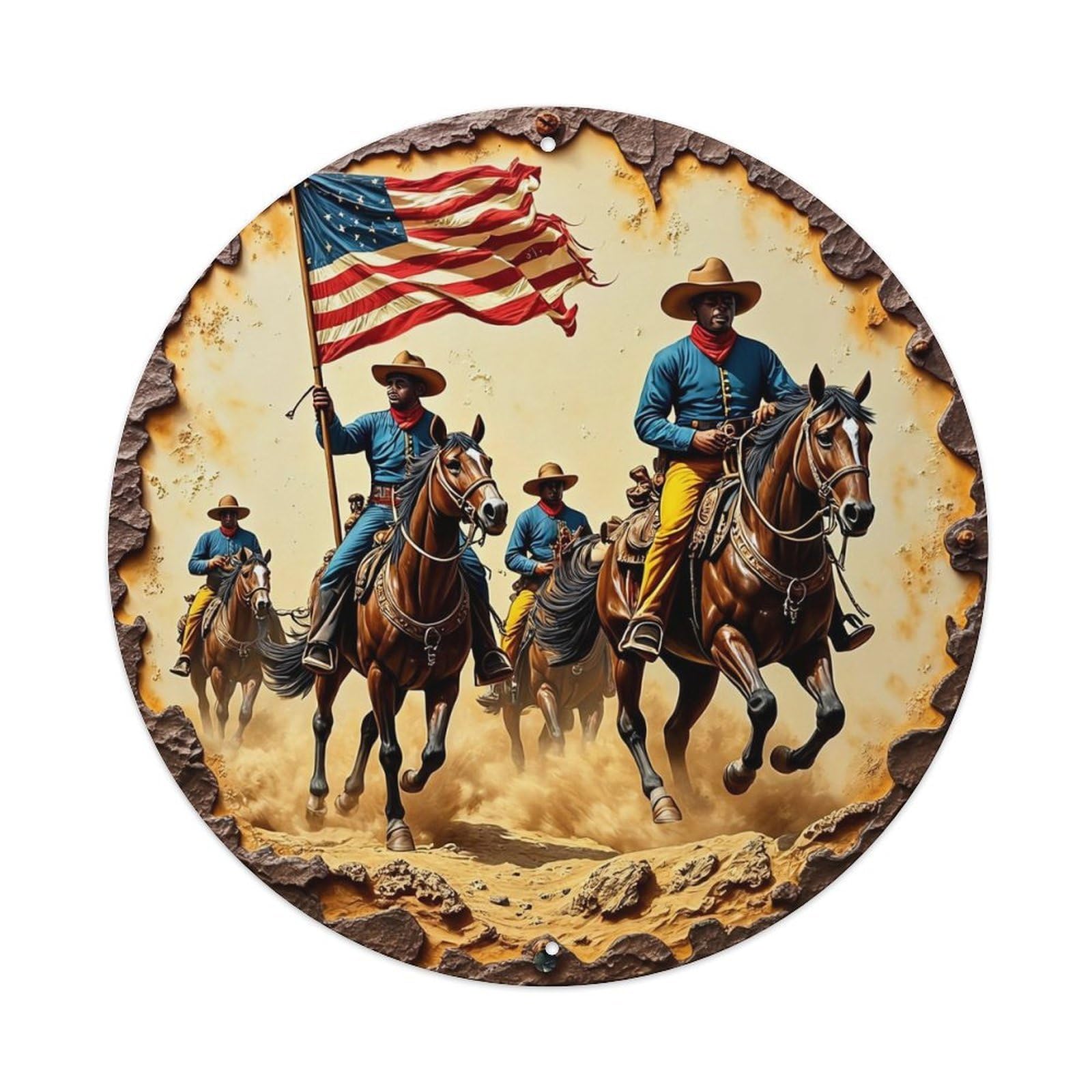 American Flag Riders On Horses Round Metal Tin Sign Vintage Wall Decor, Bar Garage Cafe Kitchen Home Wall Art Poster 8x8inches