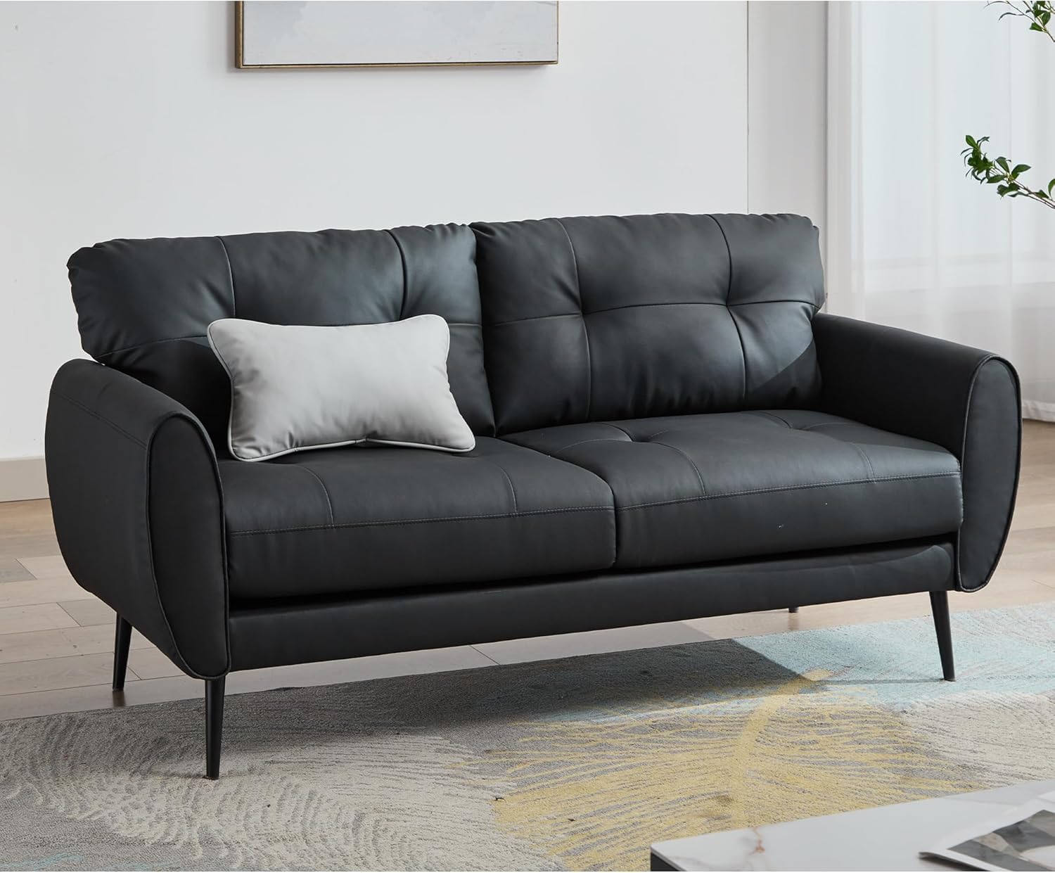TYBOATLE Sofa Couch 61" Small Loveseat Couches for Living Room, Black Faux Leather Couch Mid Century Modern Tufted Mini Sofa Comfy Office 2 Seat