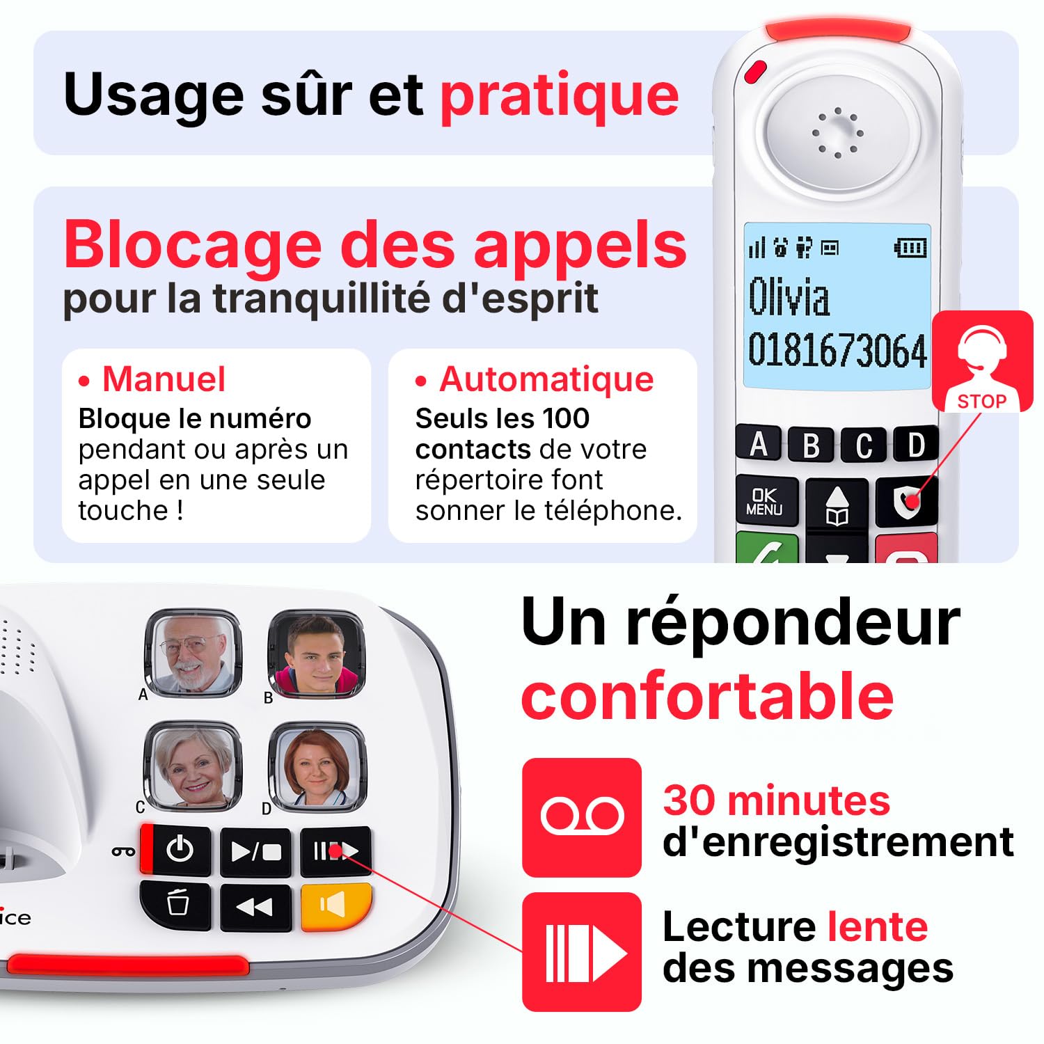 SWISSVOICE Xtra 2355 Téléphone Fixe Sans Fil DECT Larges Touches Répondeur Blanc