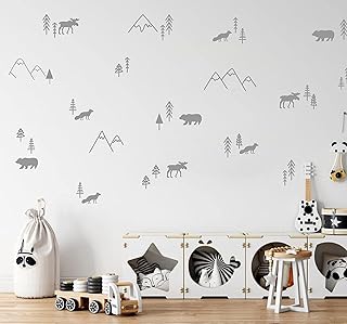 Wilderness Wall Decals Mountains Vinyl Wall Stickers Boys Room Forest Animals Decor Nursery Forest Compilation Tree and Animals Decals Y44 (Grey)