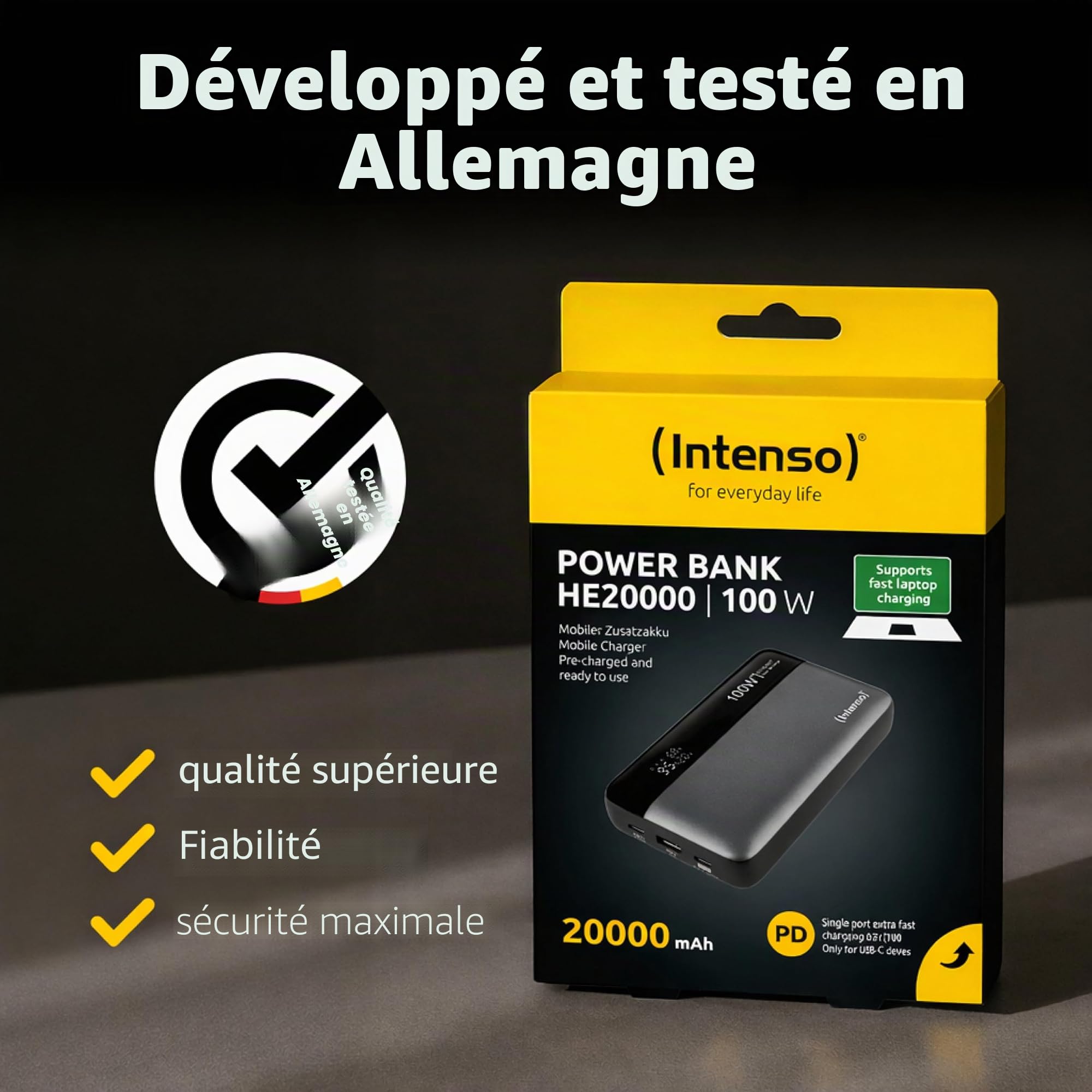 Intenso Powerbank HE20000 Batterie Externe avec Power Delivery (100 W) et câble de Charge USB-C vers USB-C, 20 000 mAh, Gris/Noir
