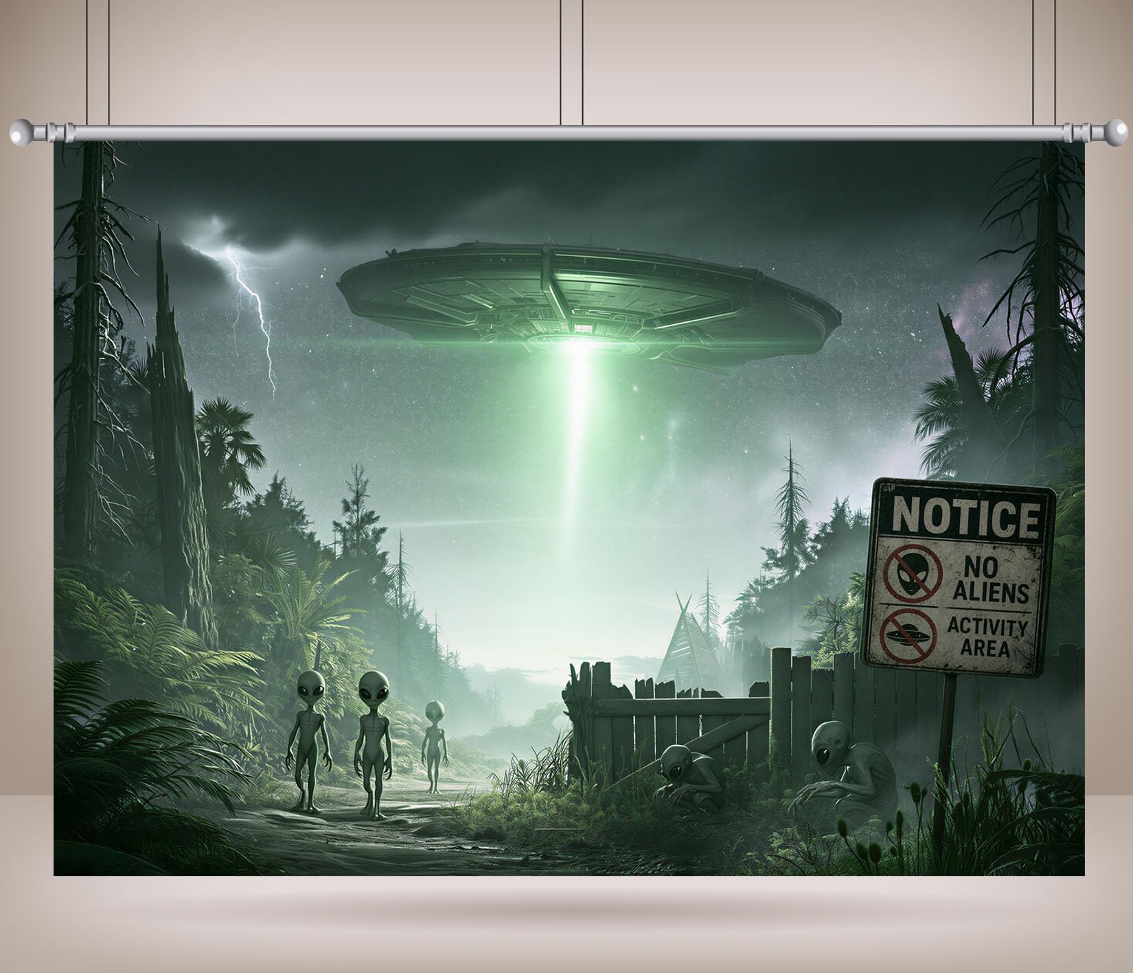10x10FT Stoff UFO Landung Kiefernwald Hinweisschild Hintergrund