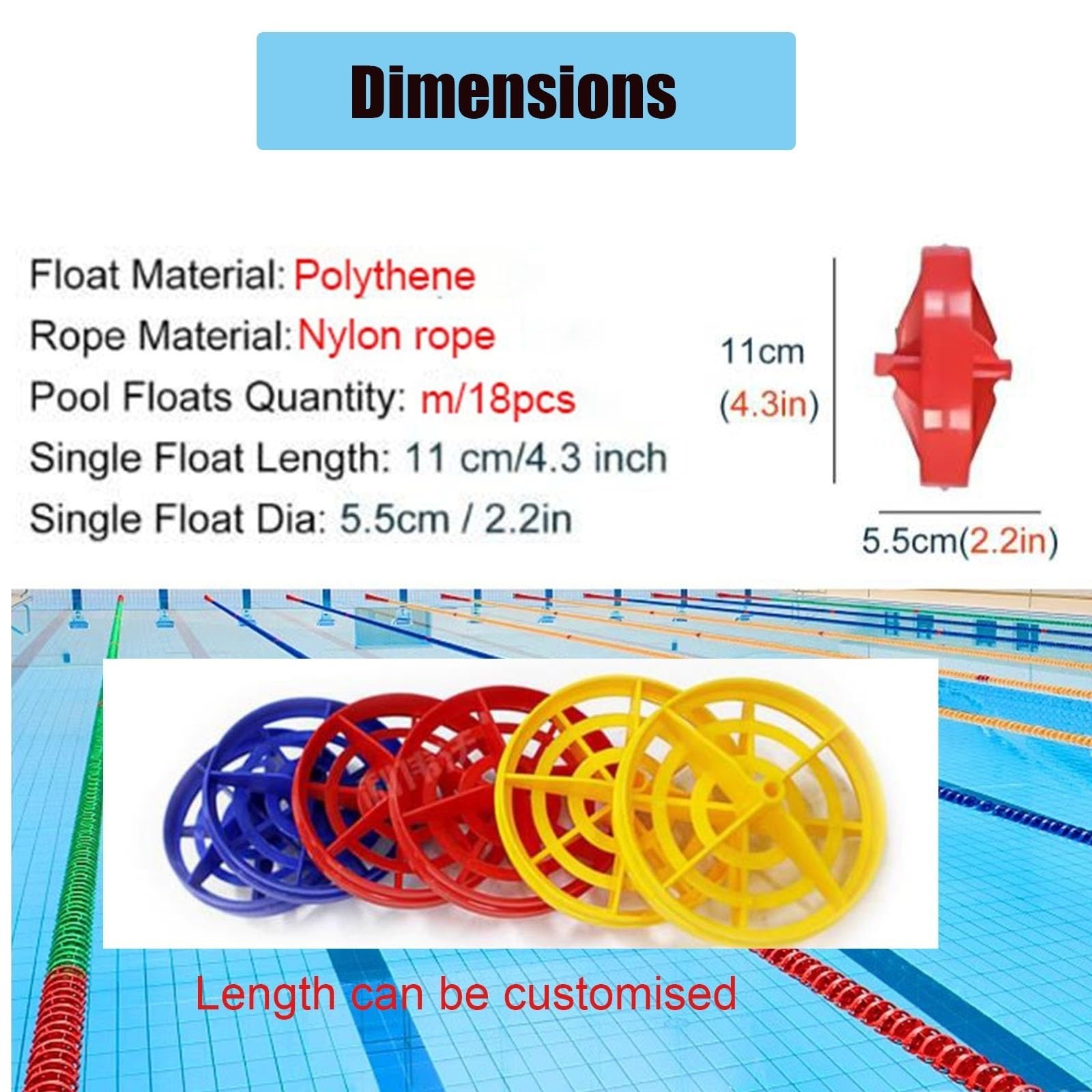 RENLXFI Pool Ropes to Divide Swim Pools, Anti-UV Lane Divider with Floating Buoys, Blue/Yellow/Red Combination, 23/26/29.5/33/36/65 Ft Long (Size : 14m/45.9ft)