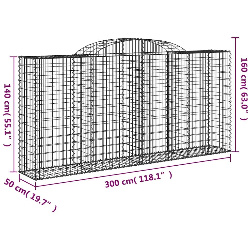 Gaviones con arco alto, 2 unidades, 300 x 50 x 140/160 cm, de hierro galvanizado, para barreras de jardín y protección visual, como pared decorativa insonorizada con construcción estable