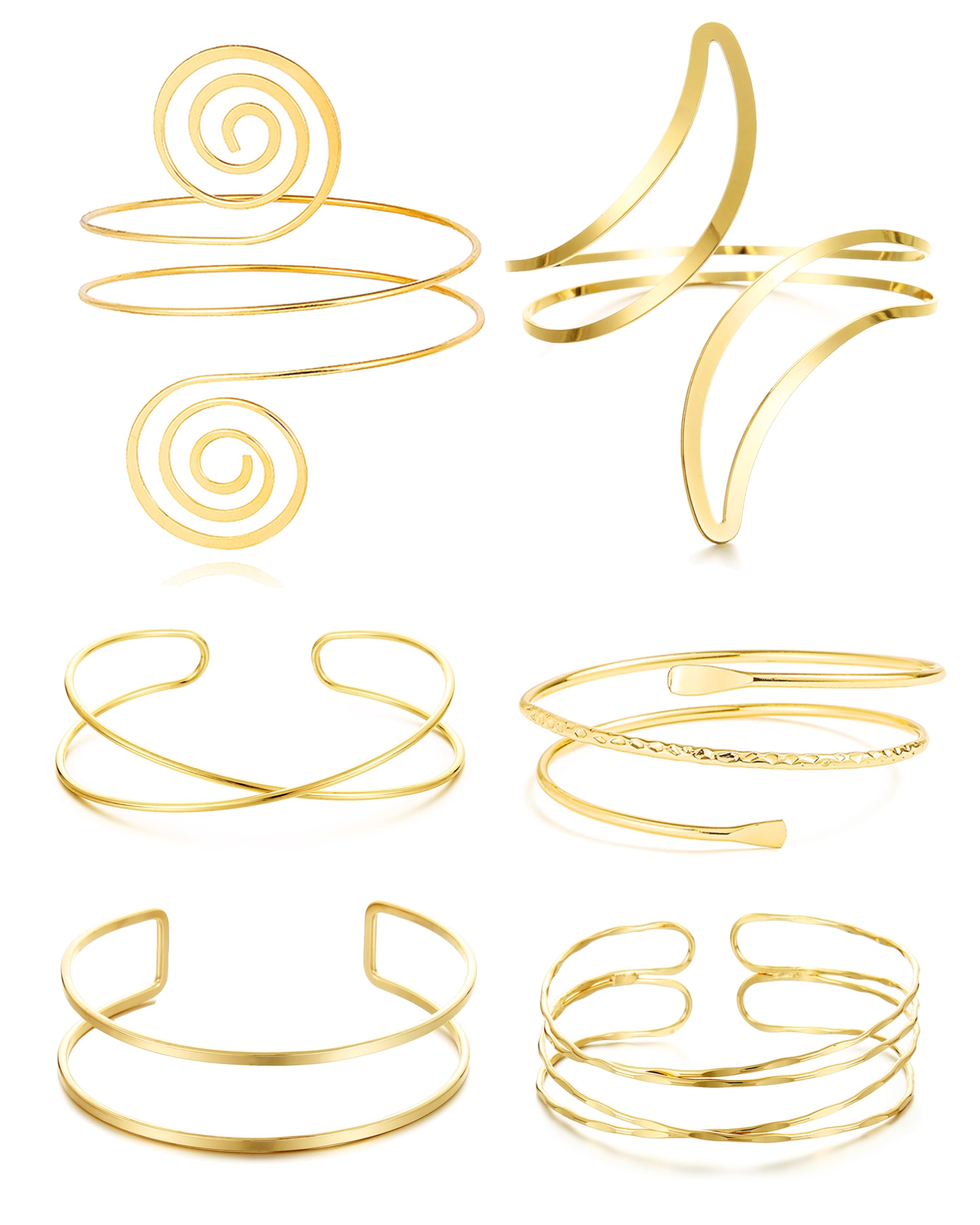 6-Piece Arm Cuff Set - Gold Armlet, Armband, Adjustable Coil Swirl Upper Arm Cuff Jewelry