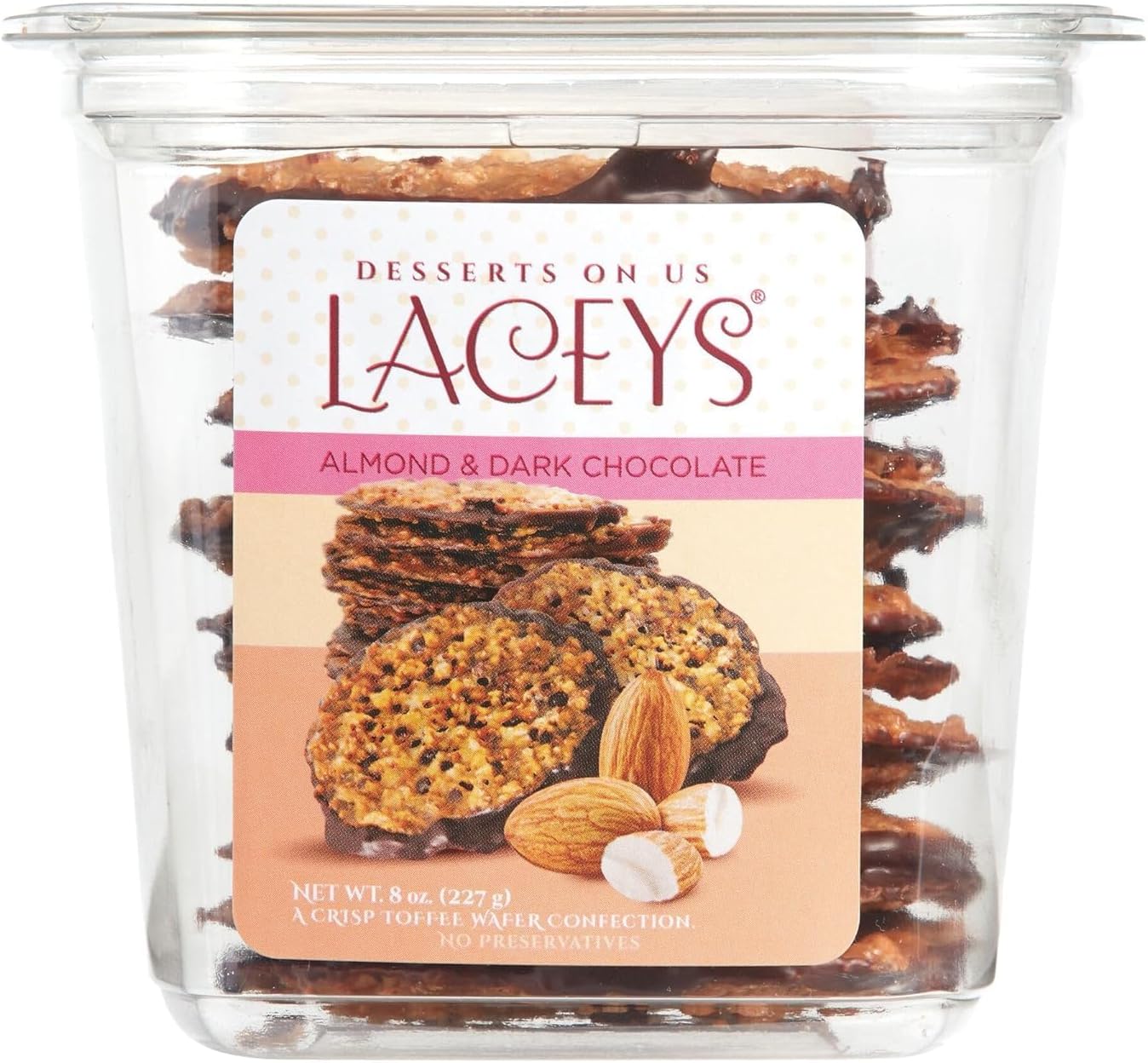 Laceys Gourmet Cookies | Light and Crispy Delicious Cookies | Handcrafted by Desserts On Us (8 Ounce Tub, Almond & Dark Chocolate)