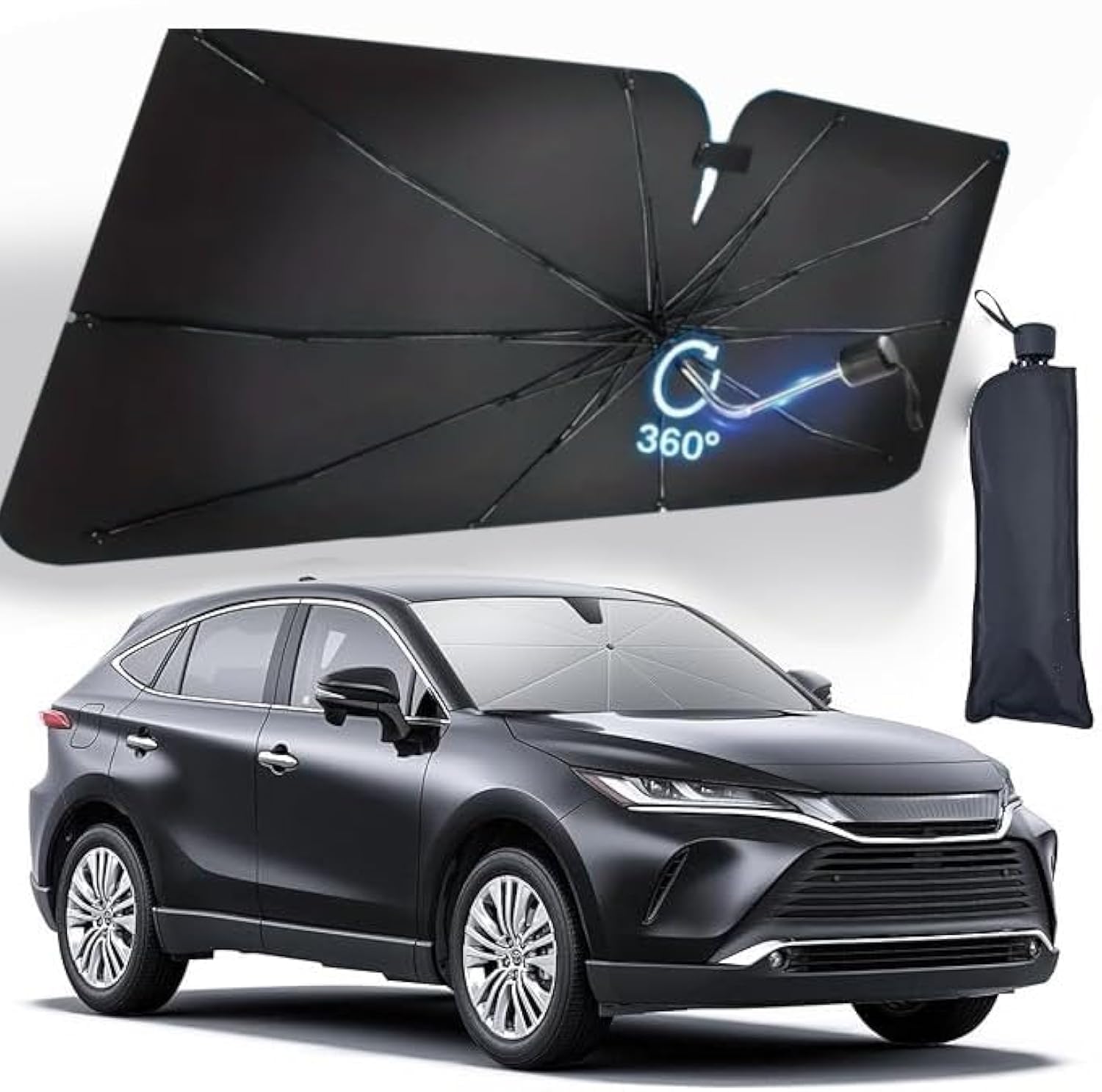 [UpGraded] Car Windshield Sun Shade Umbrella - 58"x34" inch 360°Rotating Handle - Titanium Silver Heat Insulation [5 Layers Coating] - Foldable Car windshield Sun Shade Cover for Auto Sedan SUV