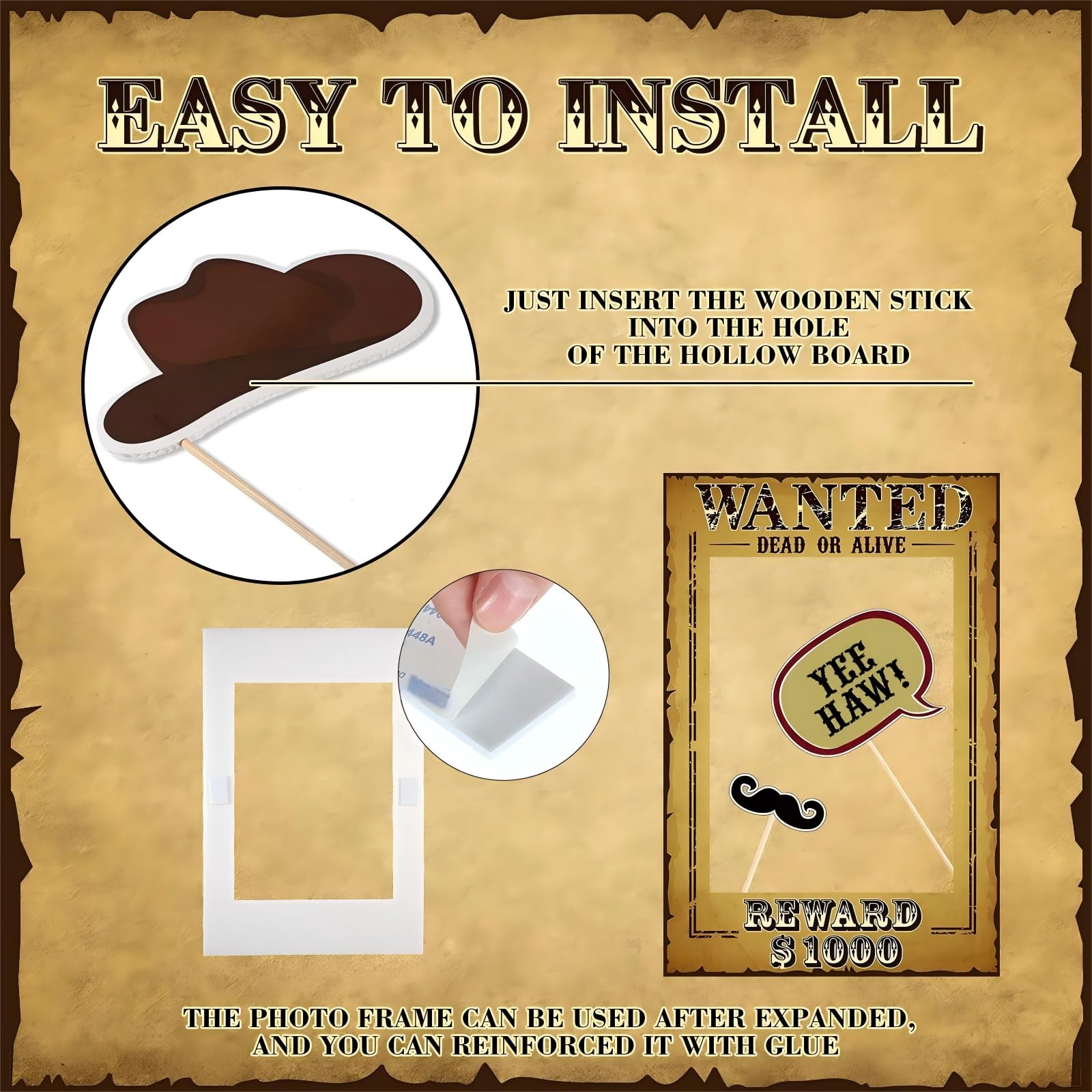 Blulu 9 Pieces West Wanted Photo Booth Prop Kit Cowboy Party Decoration Cowboy Theme Photo Prop Set Wild Western Selfie Booth Poster for Cowgirl Rustic Party Supplies, 23.62 x 15.74 Inch