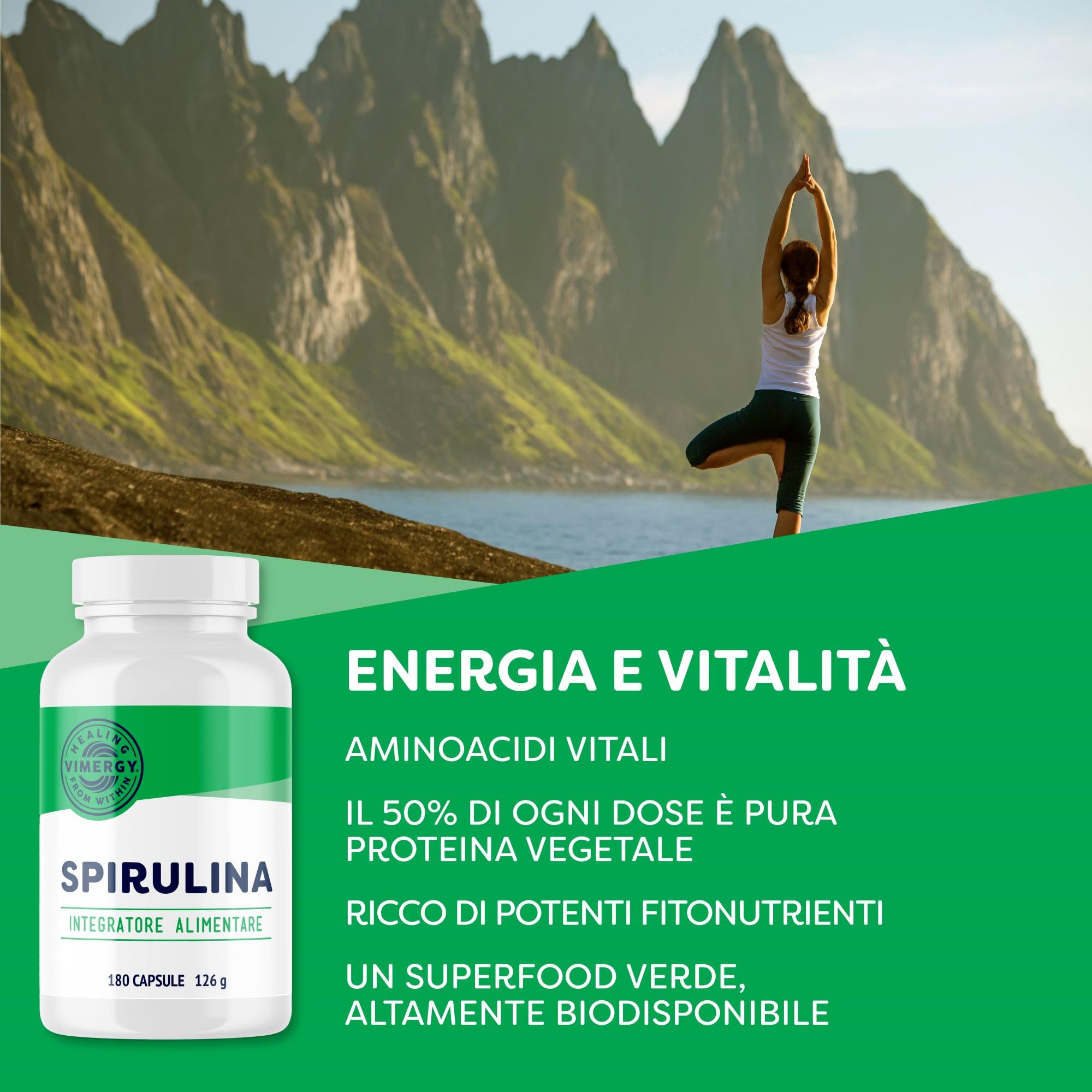 Vimergy Spirulina Capsules, 30 Dosi – Facile da Digerire – Spirulina in Capsule – Integratore Vegano – Senza Antiagglomeranti, Riempitivi o Coloranti - Senza OGM e Senza Glutine (180 Capsule)