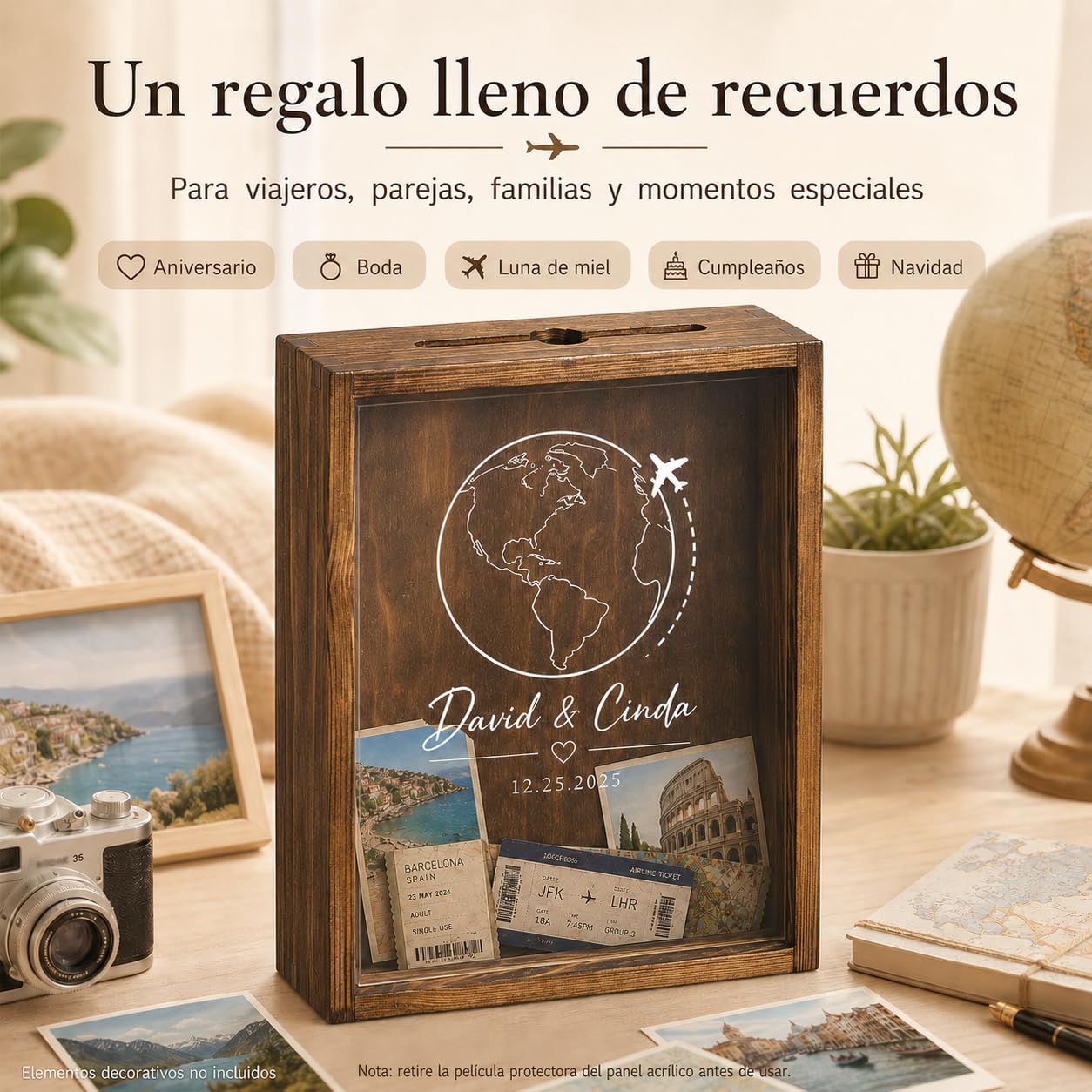 Caja de Recuerdos de Viaje Personalizada, Caja de Fotos Personalizadas con Marco de Madera Maciza y Ranura Superior, para Tickets, Mapas y Postales, Regalo Personalizado para Viajeros y Parejas