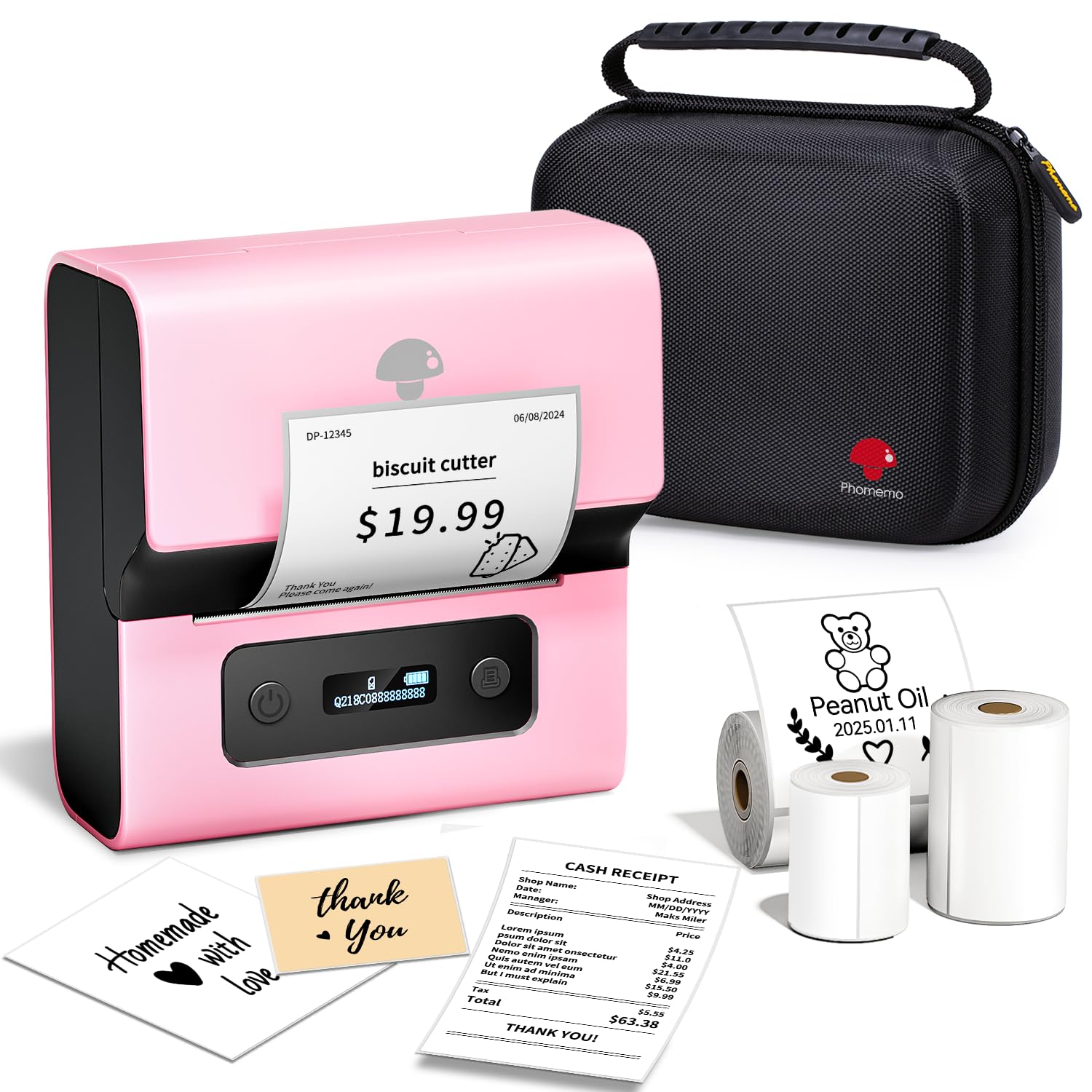 Phomemo M221 Label Maker With Case, Label Maker Machine Set, Portable Thermal Label Printer, Rechargeable Sticker Maker Compatible with PC IOS Android,for Address, Barcode, Home, Office (Pink)