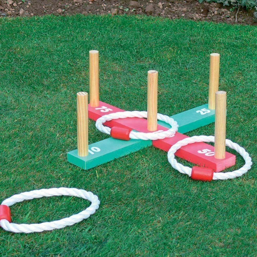 Bargain4u 1Pcs Wooden Garden Indoor Outdoor Quoits Family Pegs and Rope Hoopla Game Easy to Use and Useful for Fun Activity