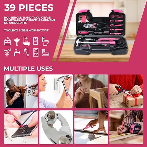 Miniatura 7 de Kit de herramientas básicas de 39 piezas para mujeres, herramientas rosadas multiusos para el hogar, herramientas manuales para el hogar con caja de