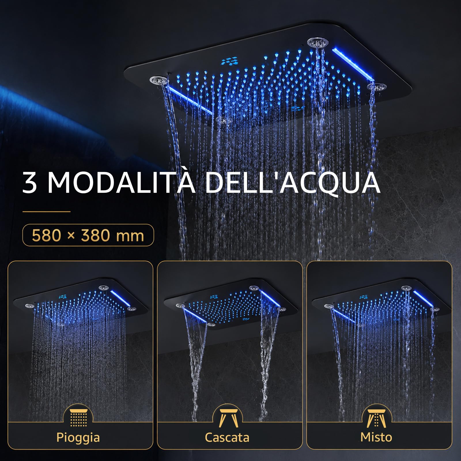 Colonna Doccia Termostatico con Musica, 64 Colori RGB LED Colonna Doccia Incasso con 3 Modalità 580 * 380 Mm Soffione Doccia a Pioggia, 6PCS Getti Idromassaggio, Miscelatore Doccia Incasso, Doccetta
