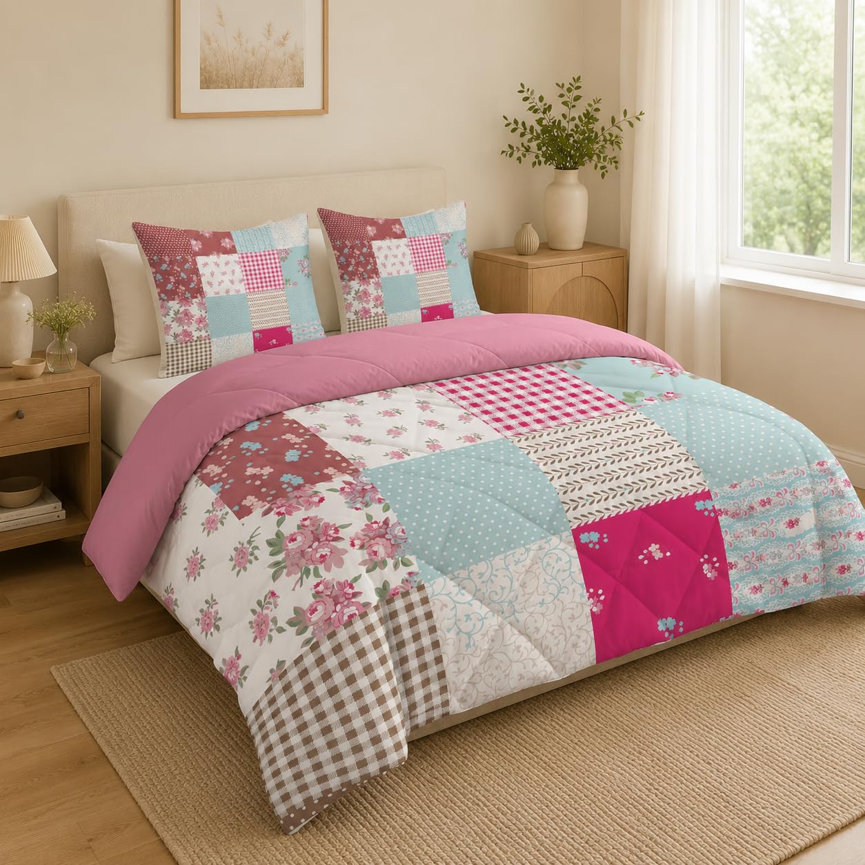 Blumen-Patchwork Bettdecke 135x200 4 Jahreszeiten, Wende Steppdecke 135x200, Warme Ganzjahresdecke Modernes Patchwork Bettdecke ohne Bezug Waschbar Schlafdecke mit 2 Kissenbezug 80x80cm