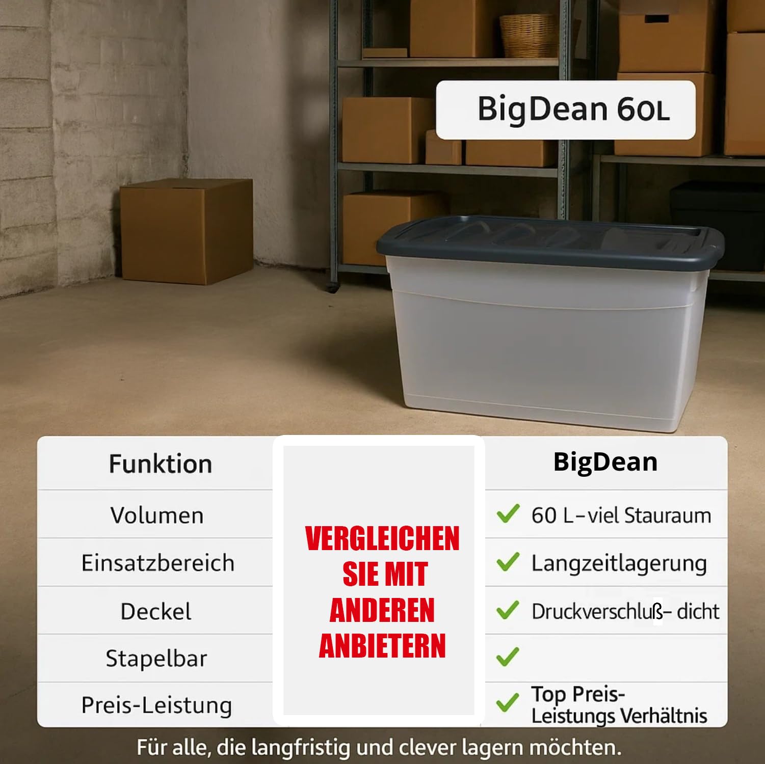 BigDean 3x 60 L Aufbewahrungsbox mit Deckel groß Budget Line Plastikbox mit Deckel