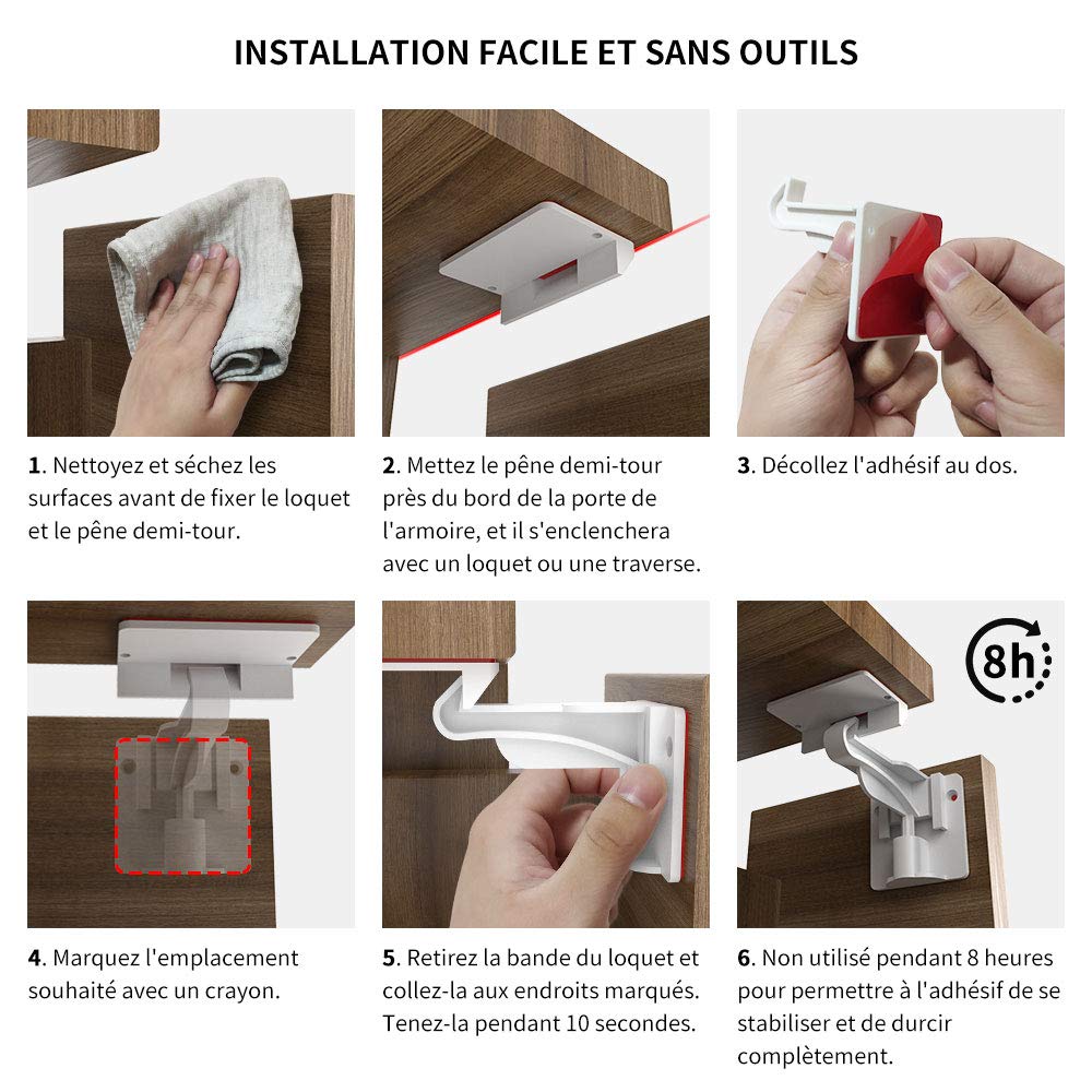 Verrous Sécurité Enfant - Verrous de Protection pour Tiroirs et Placards de Cuisine - Sans Vis ni Trou - Kit de Verrous de Sécurité Non Aimantés pour Bébés - Sécurité Enfant - Pack de 10