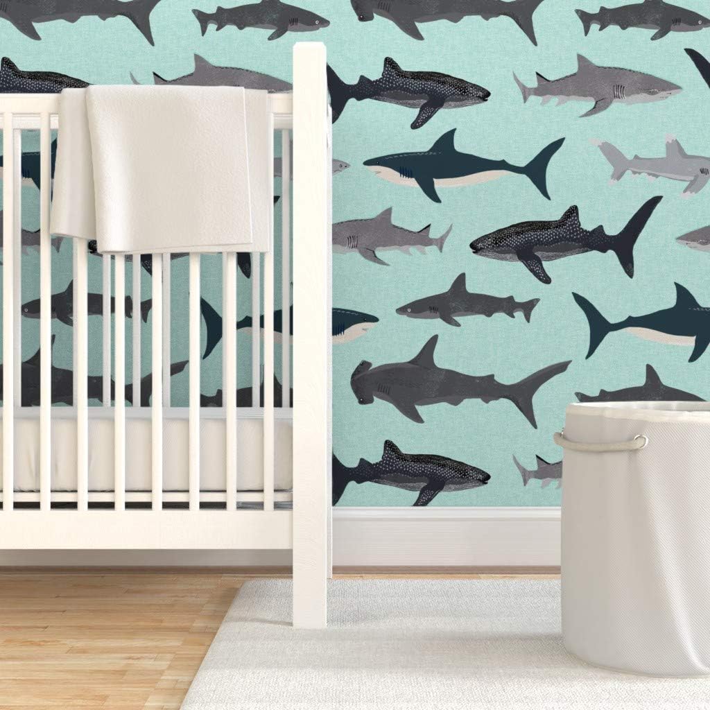Peel & Stick Wallpaper 3ft x 2ft - Shark Mint Boys Kids Ocean Animal Sea Creature Hammerhead Great White Whales Sharks Beach Custom Removable Wallpaper by Spoonflower