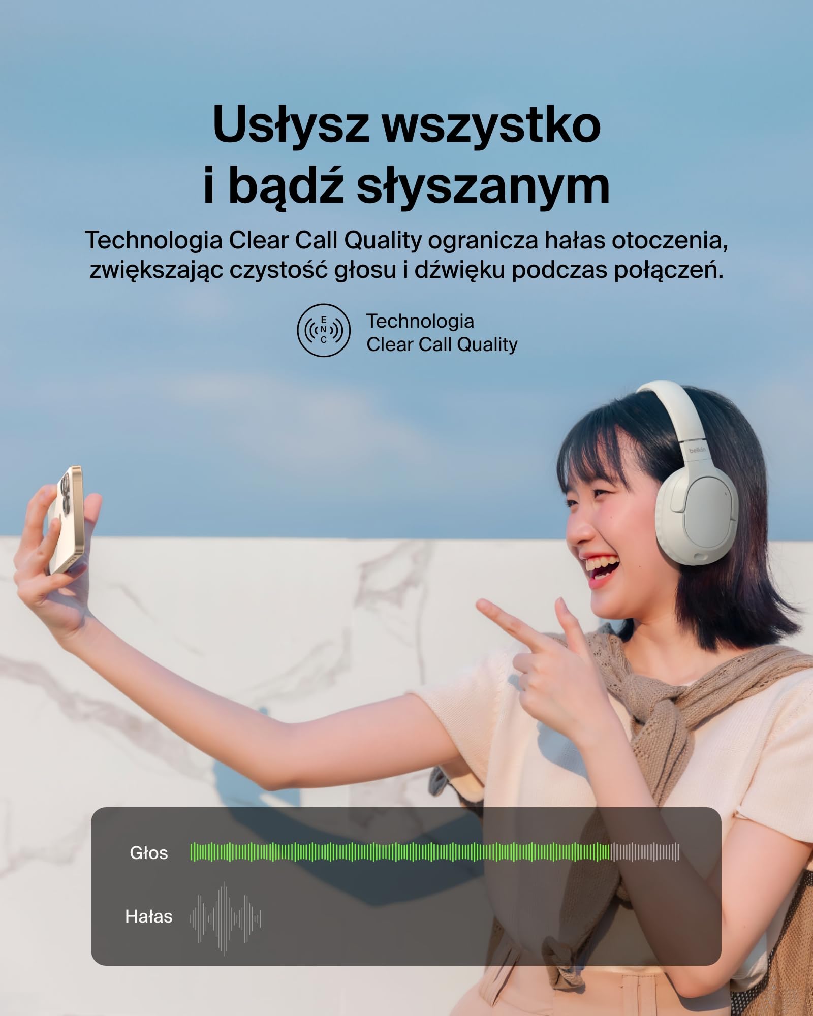 Belkin SoundForm Surround Słuchawki Bezprzewodowe Nauszne Bluetooth z ENC Redukcją Hałasu i Miękkimi Nausznikami, do iPhone’a, Galaxy i iPada, 60 godz. Odtwarzania w Podróży, Domu, Piaskowe