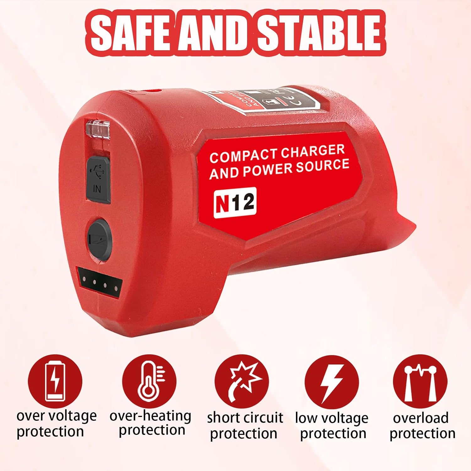 M-12 Battery Charger with Type-c Port & DC 12V Outlet，Power Source Replacement for Milwaukee m-12 12V Battery Adapter for Milwaukee Heated Jacket 49-24-2310 Compatible with 48-11-2420 48-11-2411