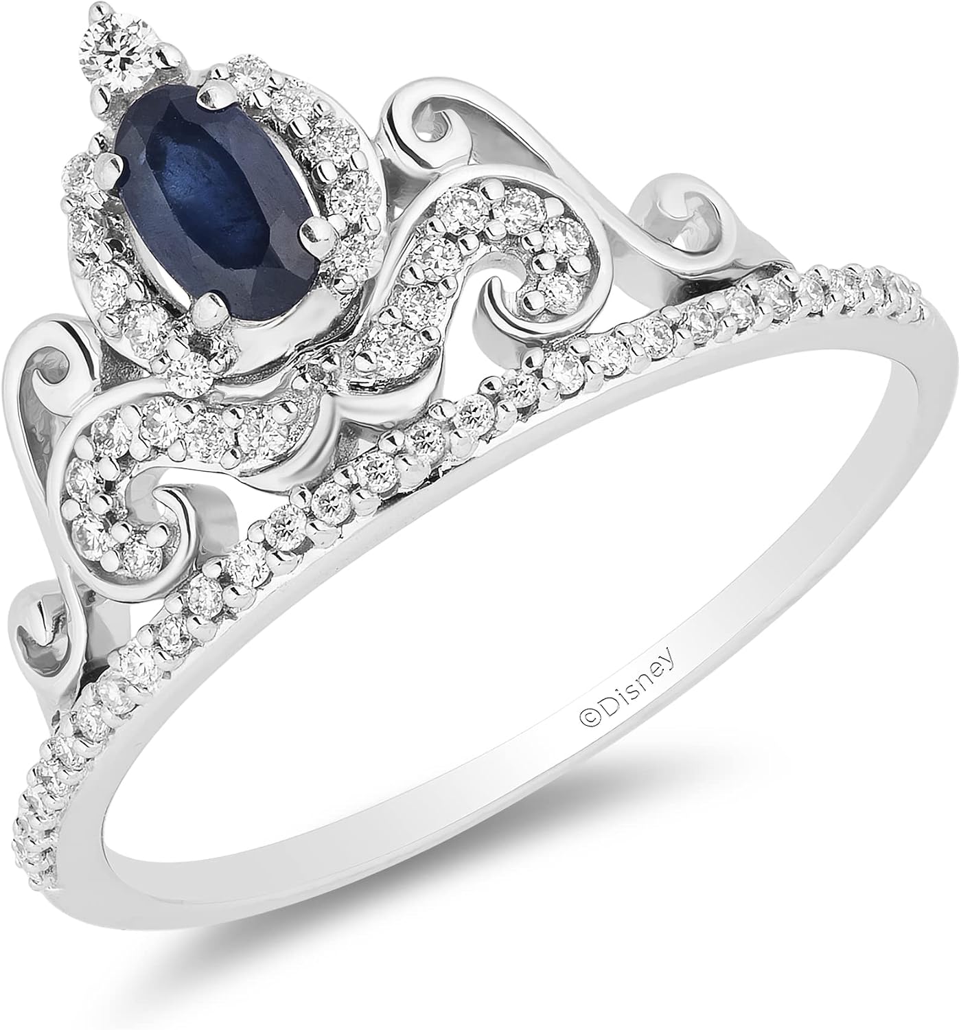 Jewelili Enchanted Disney Fine Jewelry 14K White Gold With 1/6 Cttw Diamond with Blue Sapphire Cinderella Tiara Ring.