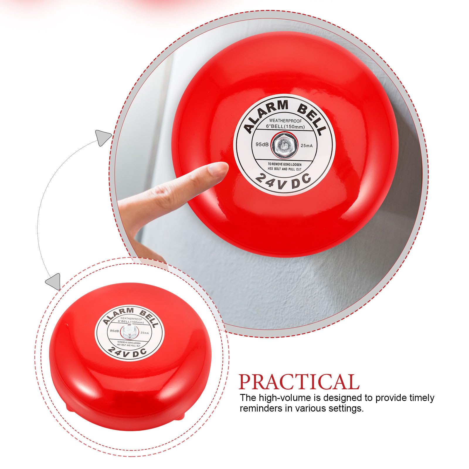 Timbre Eléctrico de 24 V para Alarma de Seguridad Industrial y Elevador, Campana Roja de Hierro Sonido Fuerte y Alta Fiabilidad para Emergencias