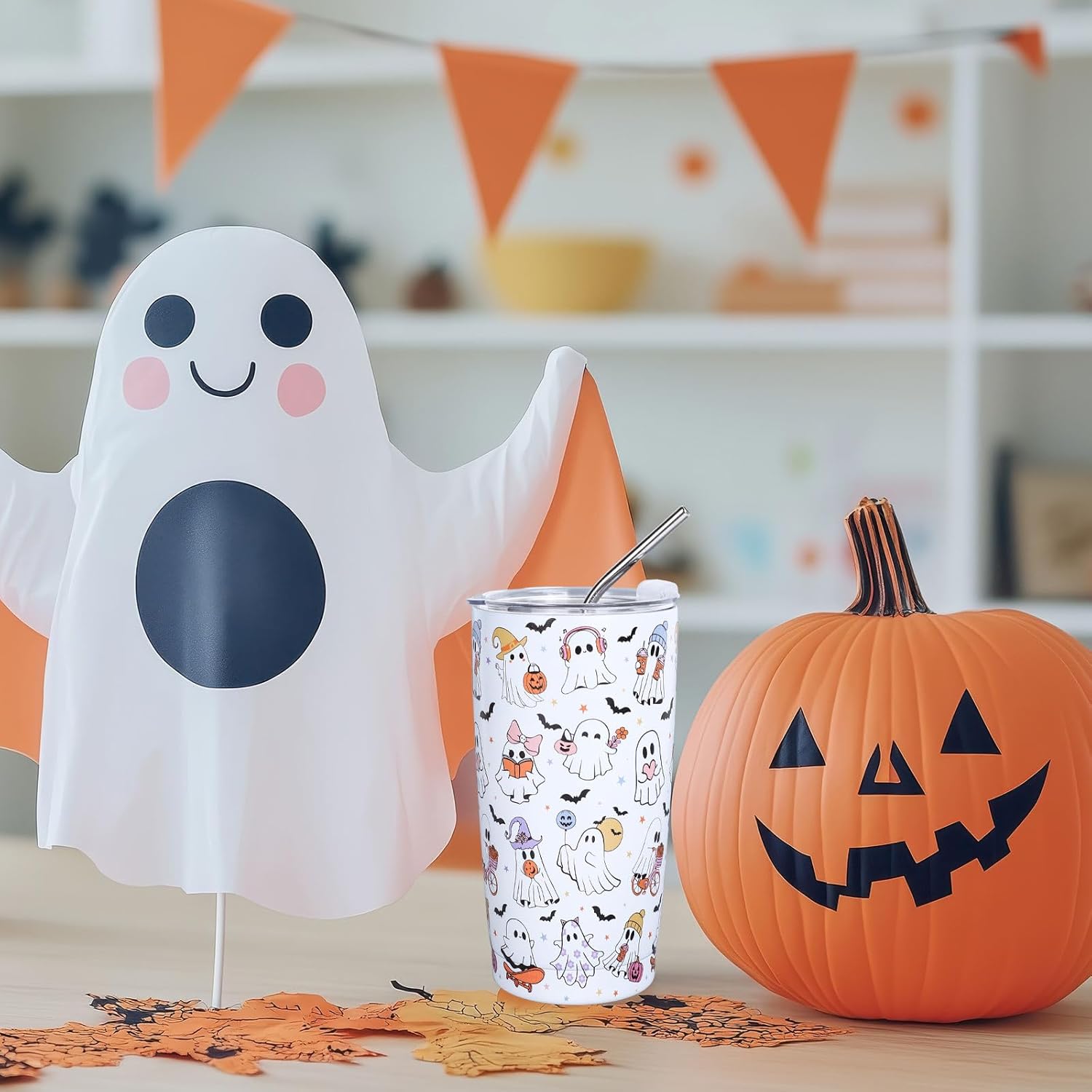Whaline Halloween Ghost Tumbler 20oz Stainless Steel Travel Tumbler with Lid Straw Brush Cute Ghost Bat Coffee Mug Cup Halloween Boo Spooky Gifts for Women Travel Birthday Horror Gift - Image 7