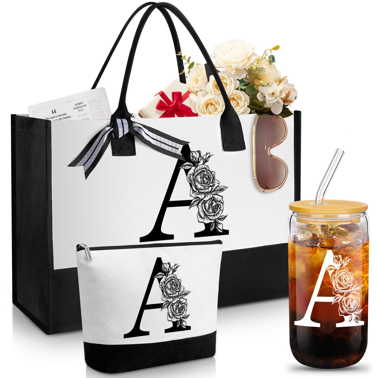 Aliceset Initial Gifts for Women, Personalized Monogrammed Canvas Tote Bag, 16oz Initial Glass Cup, Makeup Bag with Zipper Handbags & Wallets, Gifts