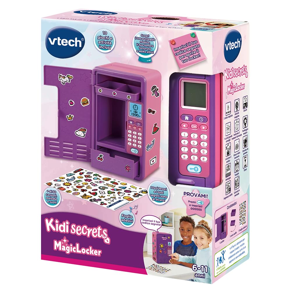 VTech KidiSecrets Różowa Magiczna skrytka, interaktywny sejf z tajnym kodem, 3 gry edukacyjne, spersonalizowana skrytka, język włoski, baterie w zestawie, 6-12 lat