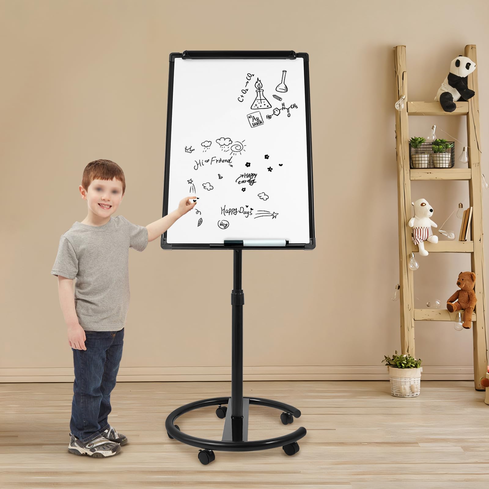 Flipchart Ständer, 90x60cm, Mobiles Whiteboard auf Rollen, Höhenverstellbar Flipchart-Tafel bis 200cm, Beschreibbar, Trocken abwischbar, magnetisch für Büro, Unterricht (Schwarz)