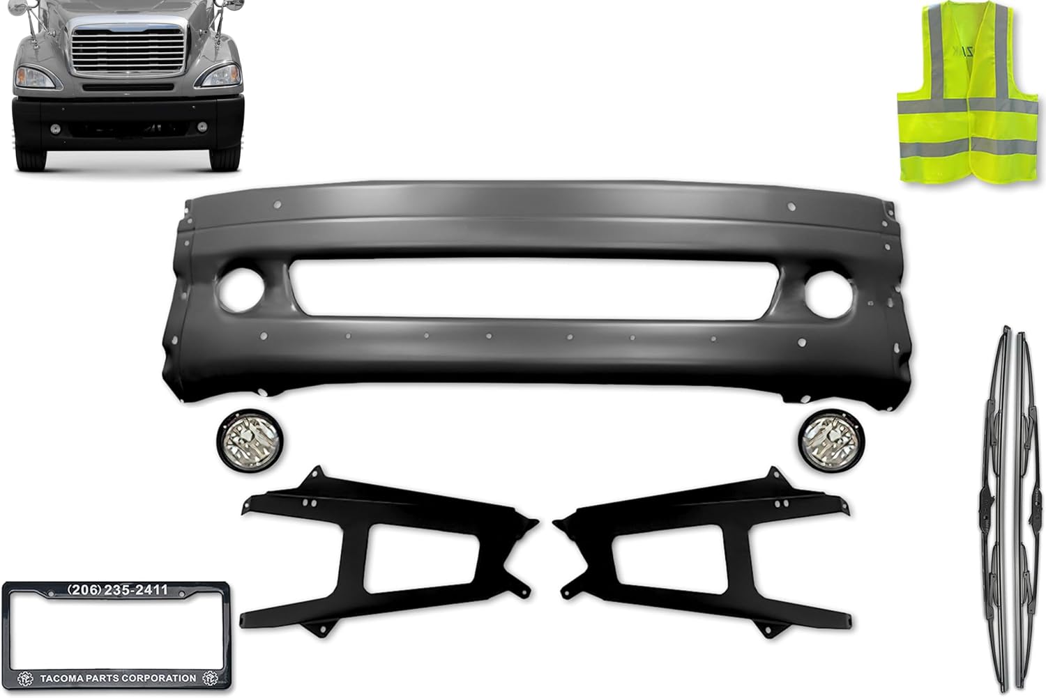 KOZAK Center Black Steel Bumper with Fog Lights and Brackets (Left & Right) Compatible with Freightliner Columbia 2002-2012 PLUS Logo, 2x22" Wipers, License Plate Frame and Vest