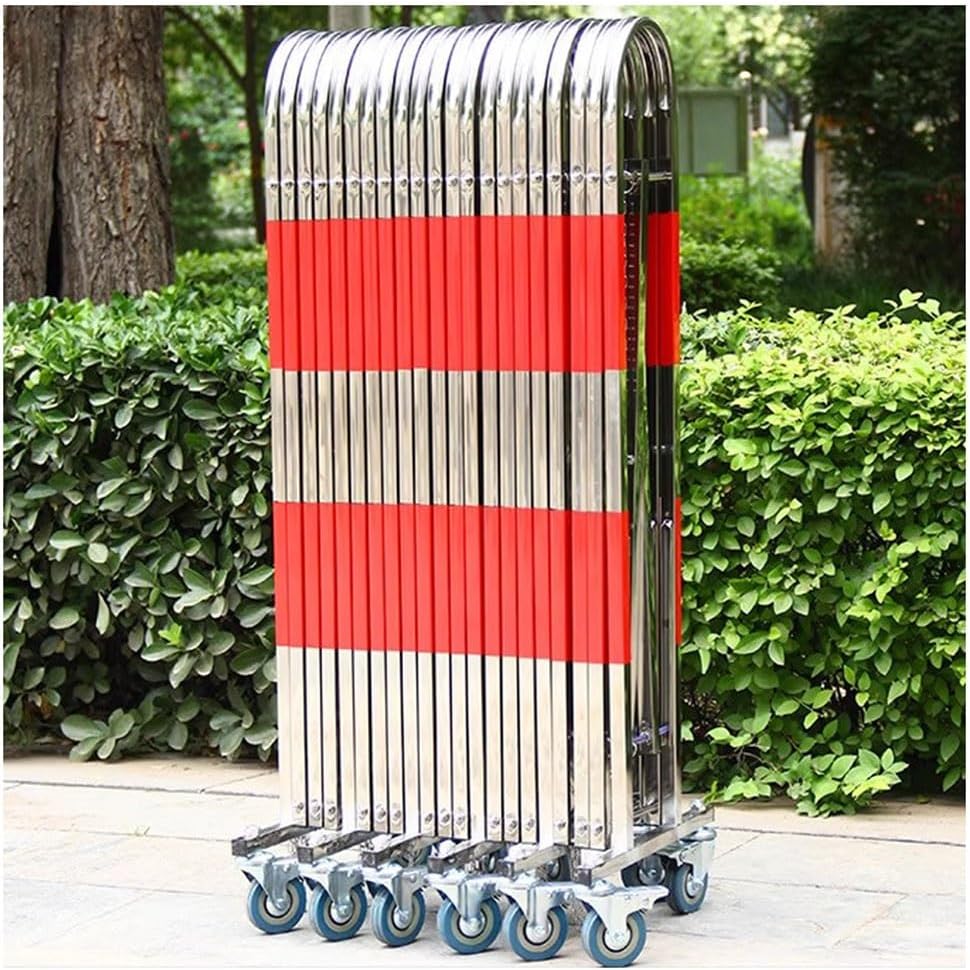Expandable Folding Safety Gate - Retractable Driveway Barricade with Wheels, Thickened Stainless Steel Arch Fence, Red-Silver, 1.5x2m for Home & Kids Safety