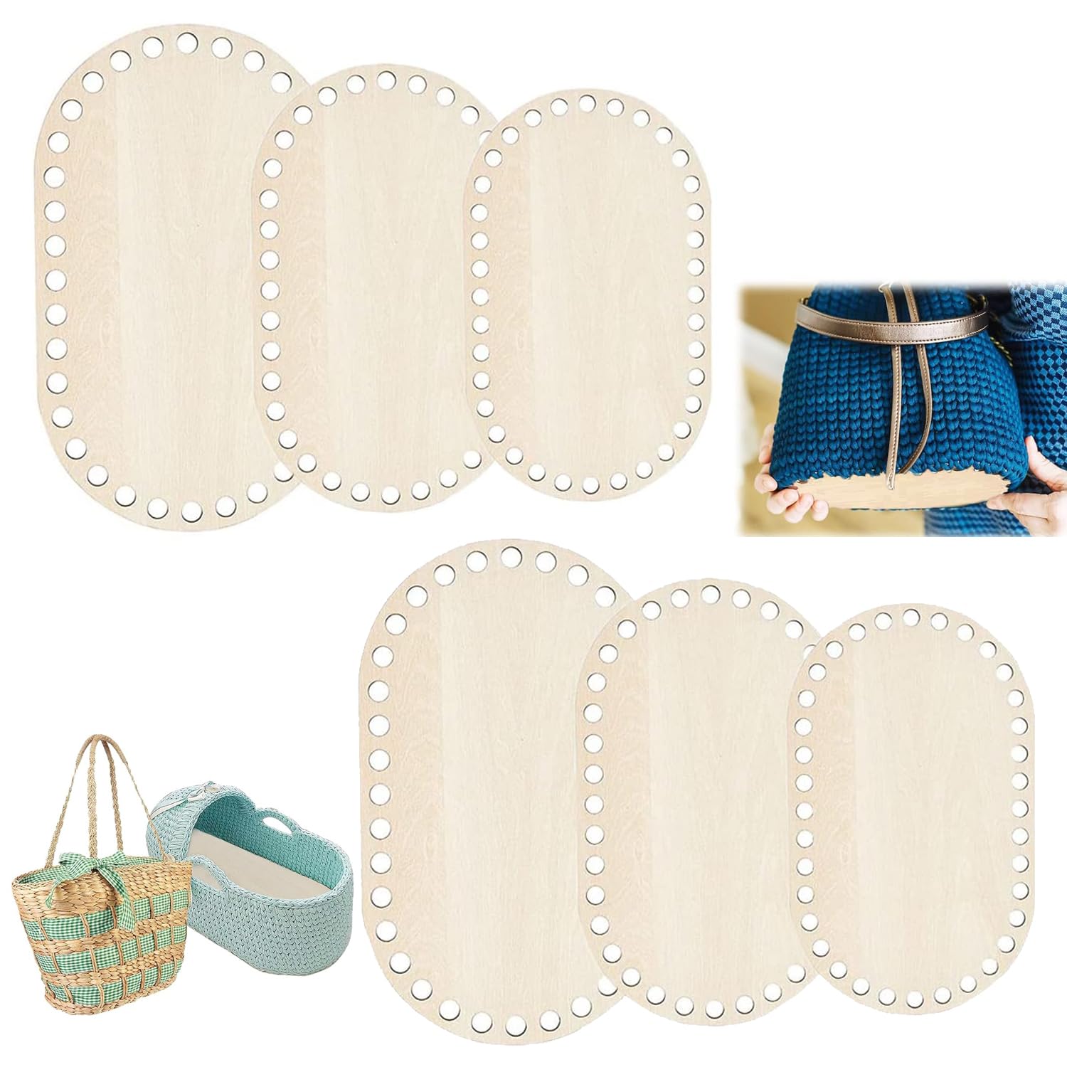 Realure 6 PCS Fonds De Panier En Bois Naturel Rond Et Ovale - Kit Crochet DIY Avec Peintures