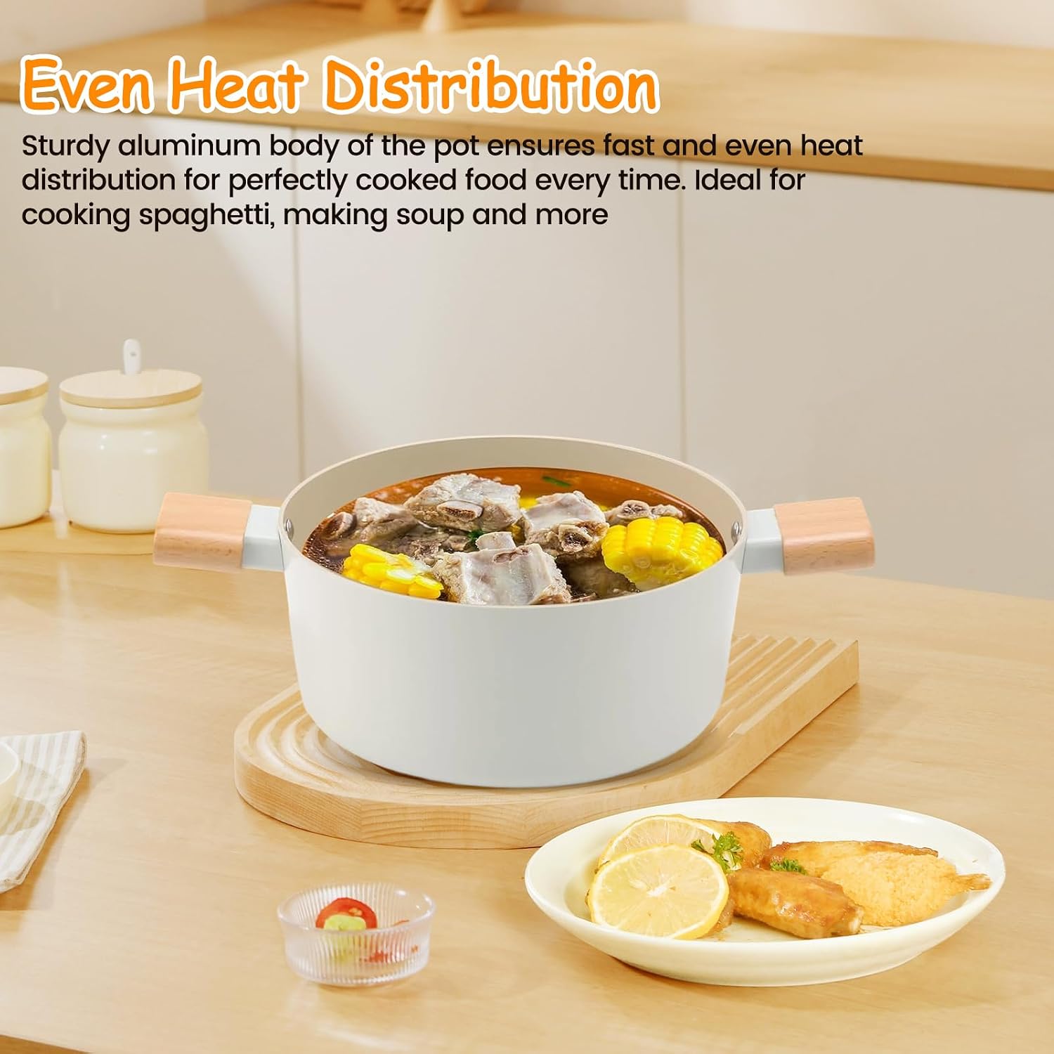 Ceramic Nonstick Stock Pot, 5.3 Quart Stew Pot with Lid, Large Cooking Pot with Stay-cool Handle, White Saucepot, Induction Compatible, White
