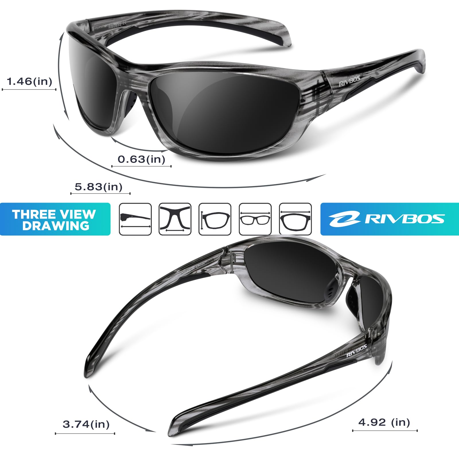 RIVBOS Polarized Sports Sunglasses Driving shades For Men TR90 Unbreakable Frame RB832, Smoke Blackgrey - Image 2