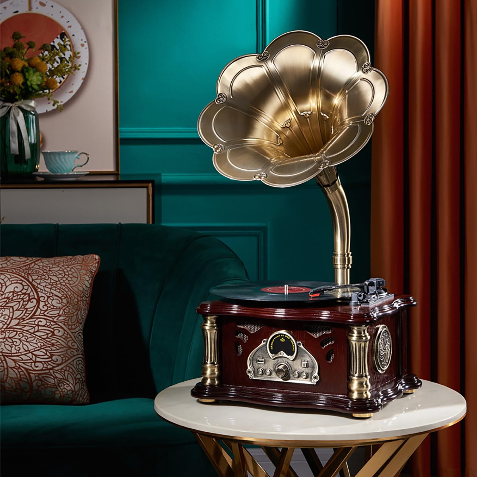 Giradischi vintage, dischi in vinile antico grammofono, radio giradischi Bluetooth con corno in ottone per 33/45/78 giri/min, telecomando wireless Lautsprecher per la decorazione domestica