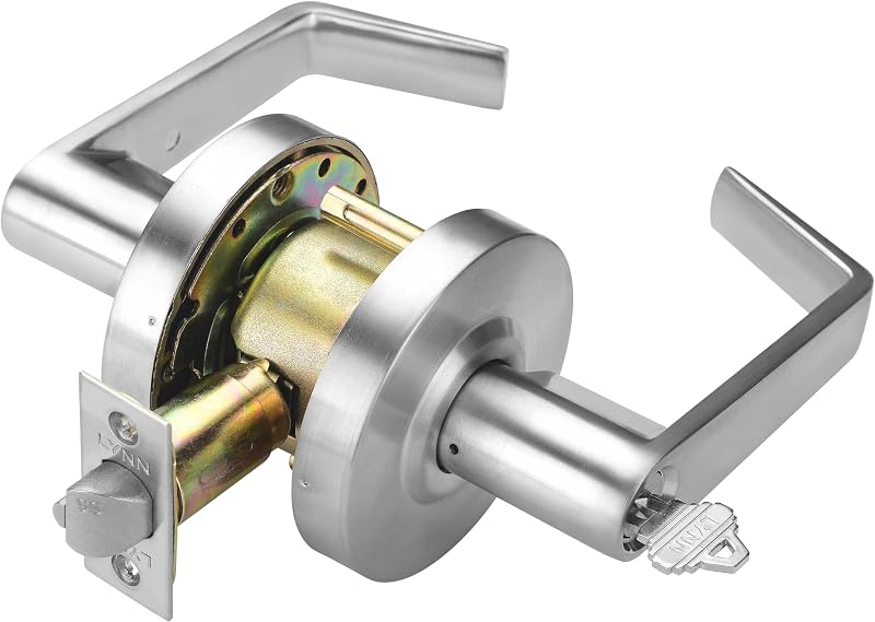 LYNN HARDWARE - CLASSROOM Commercial Door Lock, ADA and Fire Compliant | Can’t Be Locked from the Inside, Heavy-Duty Designer Handles for Doors, Durable Grade 2 Stainless Steel (Satin Chrome)