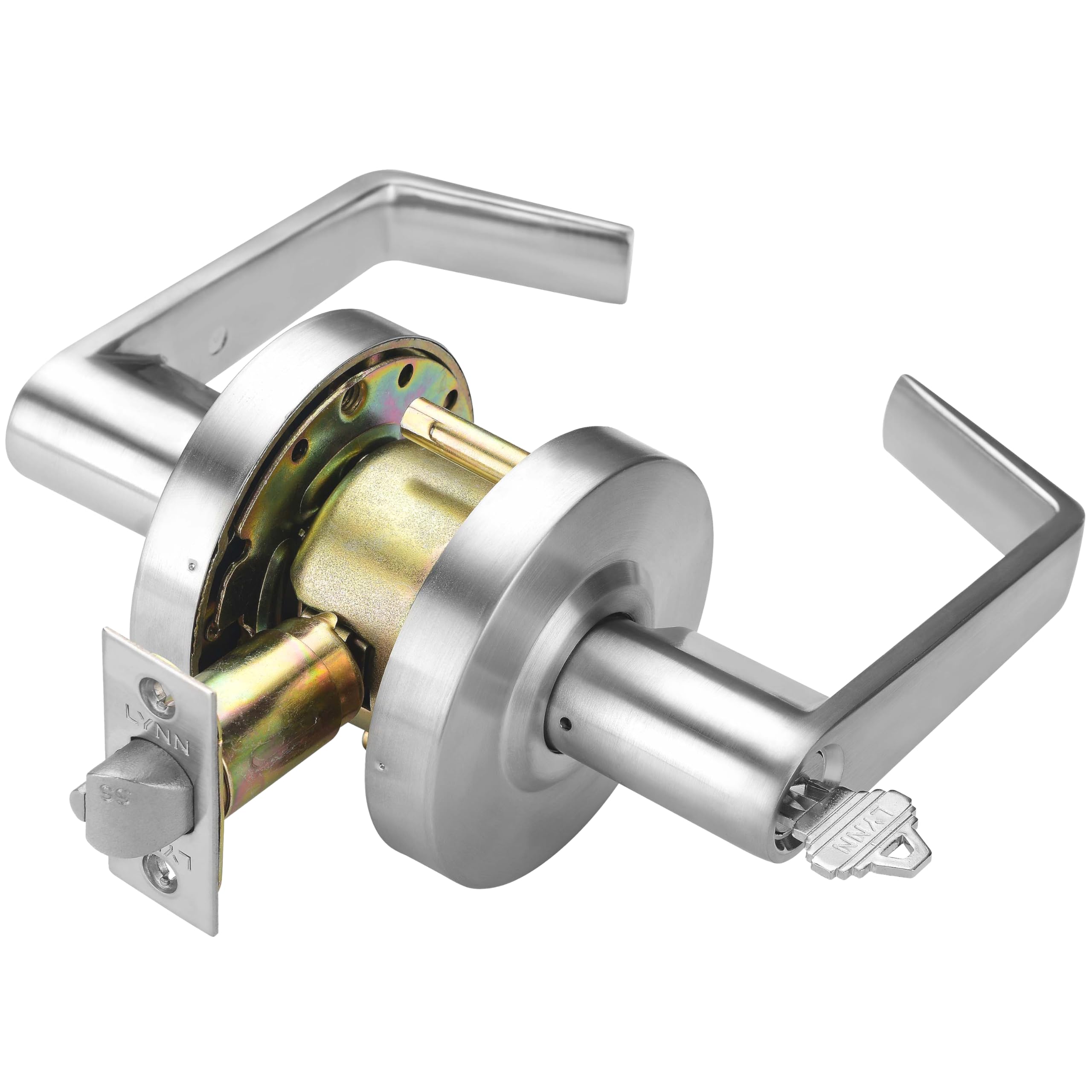 LYNN HARDWARE Komercyjny zamek klamki do drzwi – wytrzymały zamek do drzwi, designerskie klamki do drzwi, cylindryczny zamek dźwigniowy, klamka do drzwi klasy 2, satynowy chrom, funkcja klasy