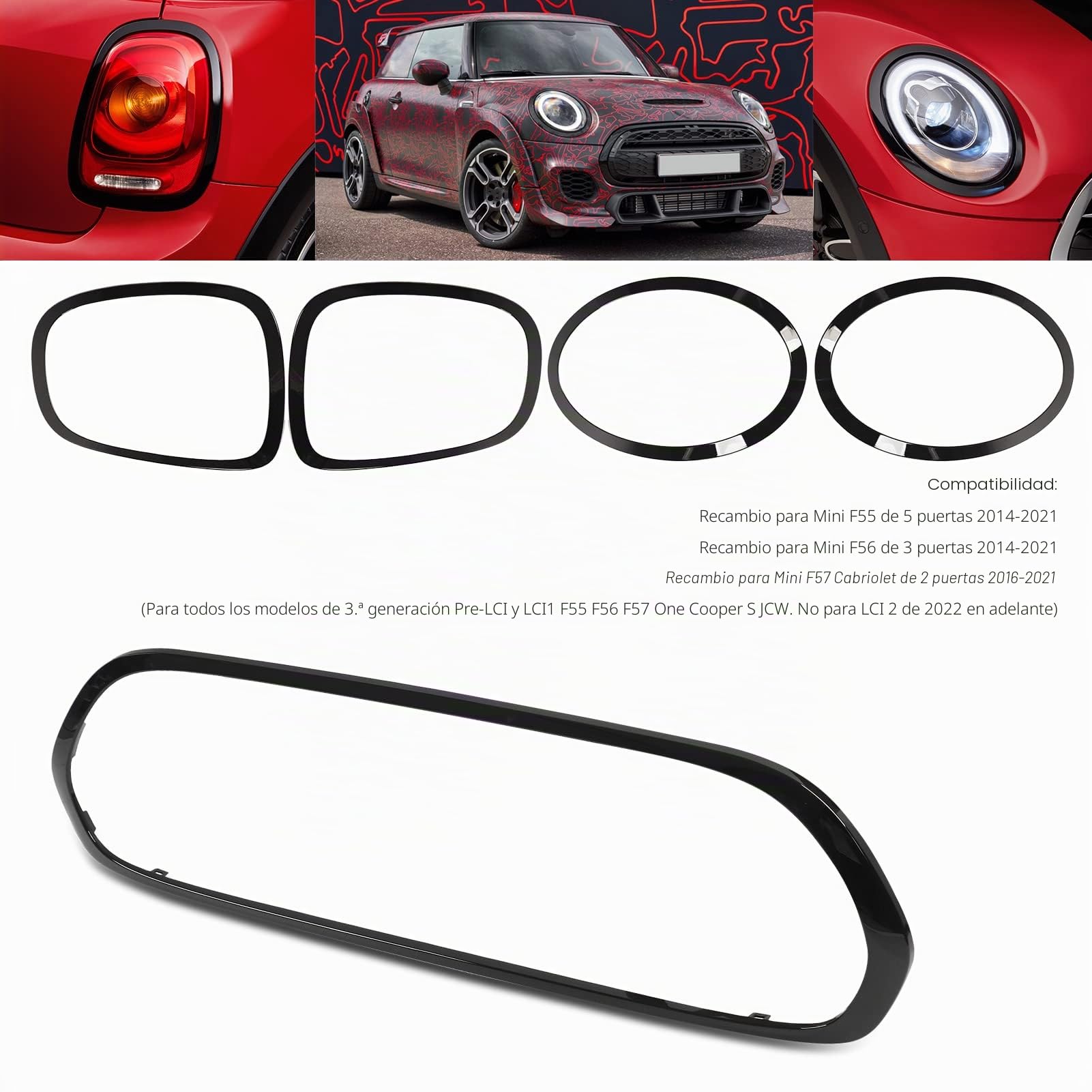 Aramox - Juego de 5 Embellecedores de Cubierta Envolvente para Faros Delanteros Y Traseros, Repuesto Negro Brillante para Mini F55 F56 F57 One S JCW 2014+
