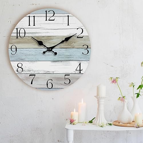Miniatura 6 de HYLANDA Reloj de pared de 12 pulgadas, funciona con pilas, silencioso, sin tictac, relojes de madera decorativos para cocina, baño, dormitorio, sala