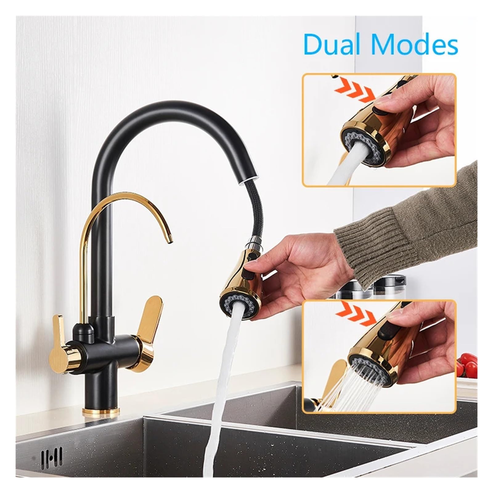 Grúa de filtración de agua purificada de cocina extraíble con boquilla pura negra de doble modo de agua(Chrome)