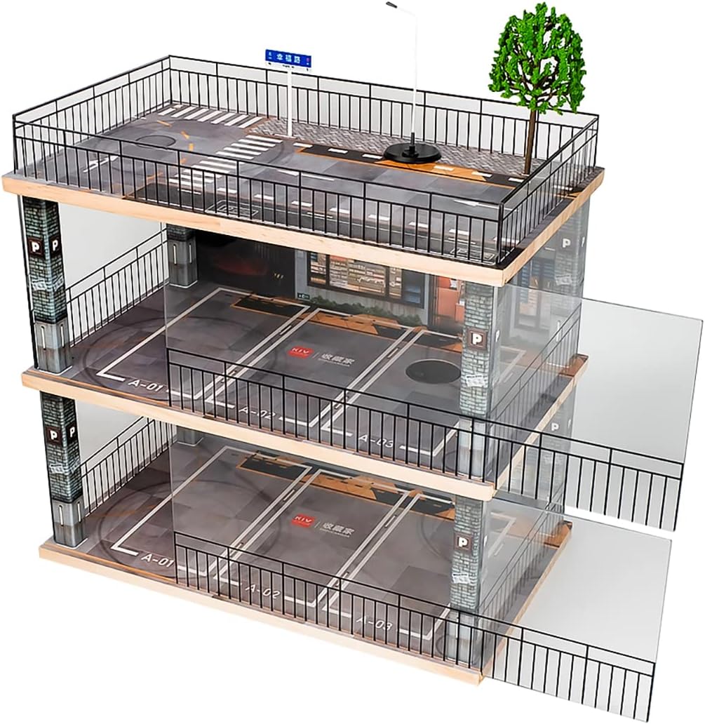 kivcmds 1:24 Scale Car Model Display Case with Parking Lot Scene for Sports Car and Lego Collectors, Display Stand for Alloy Car Model Toy with Light (3-Tiers Coffee Shop Parking Lot)