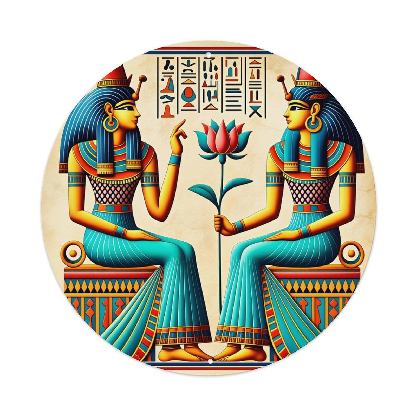 Egyptian Deities Holding Lotus Round Tin Sign Vintage Style Metal Sign Home Bar Garden Wall Plaque Decor Metal Poster 8x8 Inch