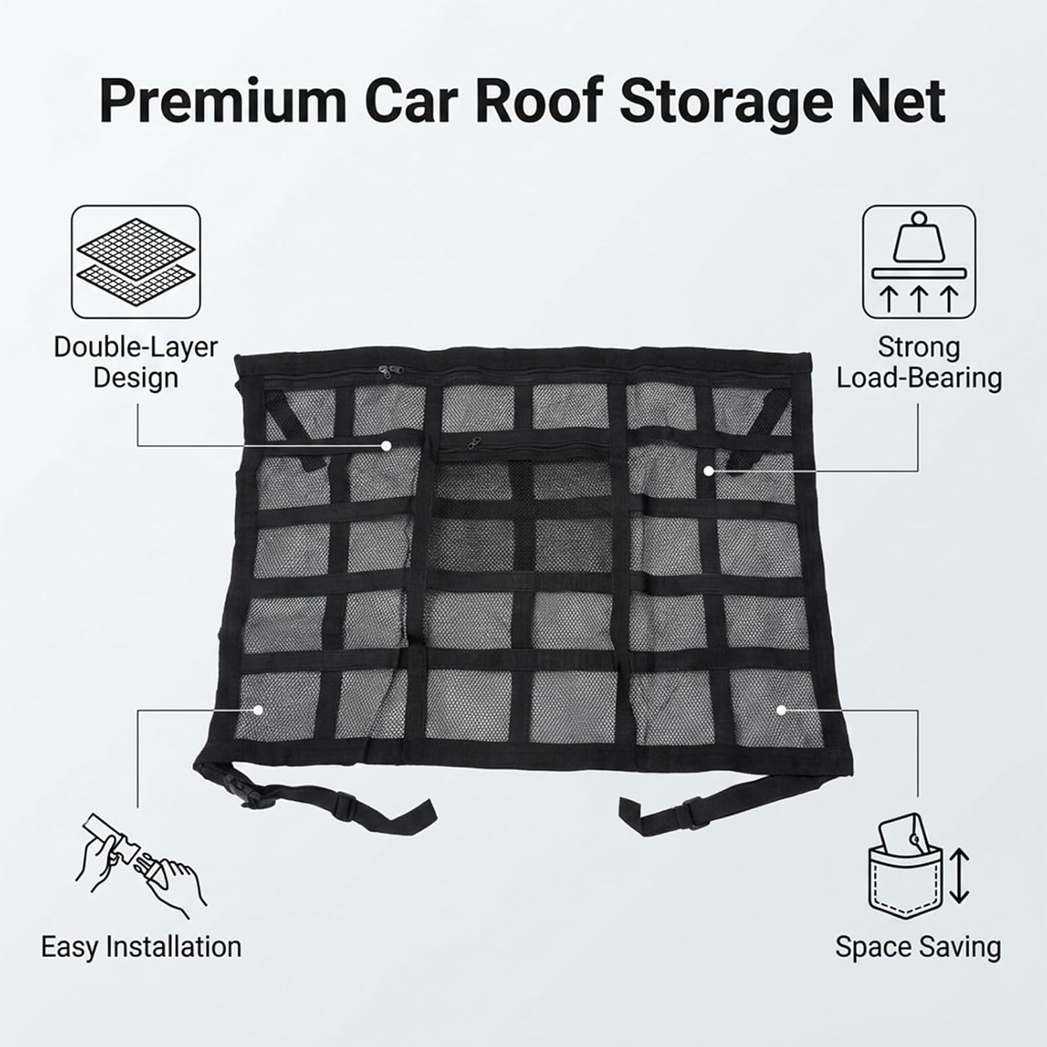 Car Ceiling Cargo Net, 30" x 21.2" Adjustable Double-Layer Mesh Roof Organizer, Versatile Storage Solution for Cars, SUVs and Trucks, Van Life Accessories for Travel and Camping