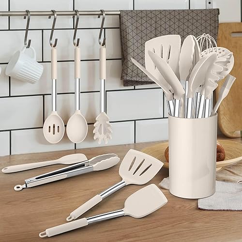 Miniatura 7 de TeamFar Utensilios de cocina, 14 piezas de utensilios de cocina de silicona con mango de acero inoxidable, espátulacucharasoportebatidor, no tóxico
